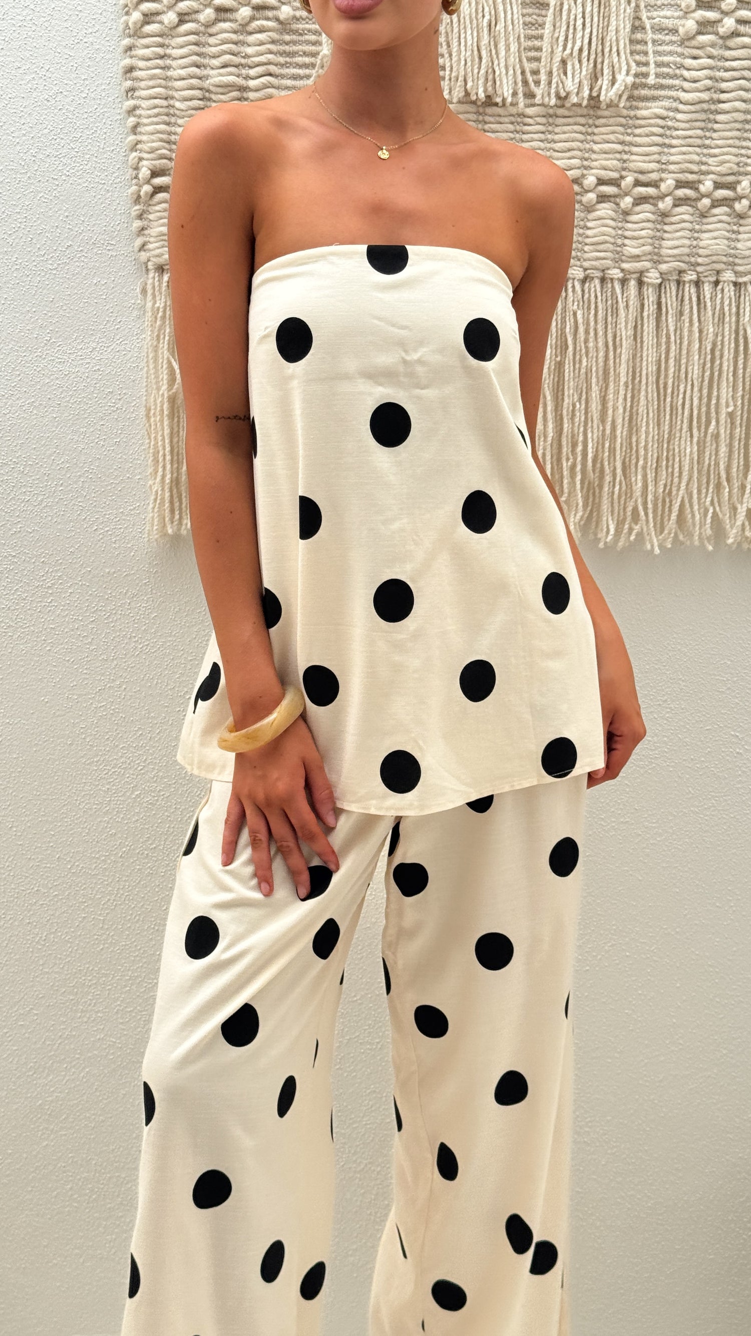 Hazelle Strapless Top - Beige/Black Polka Dot - Billy J