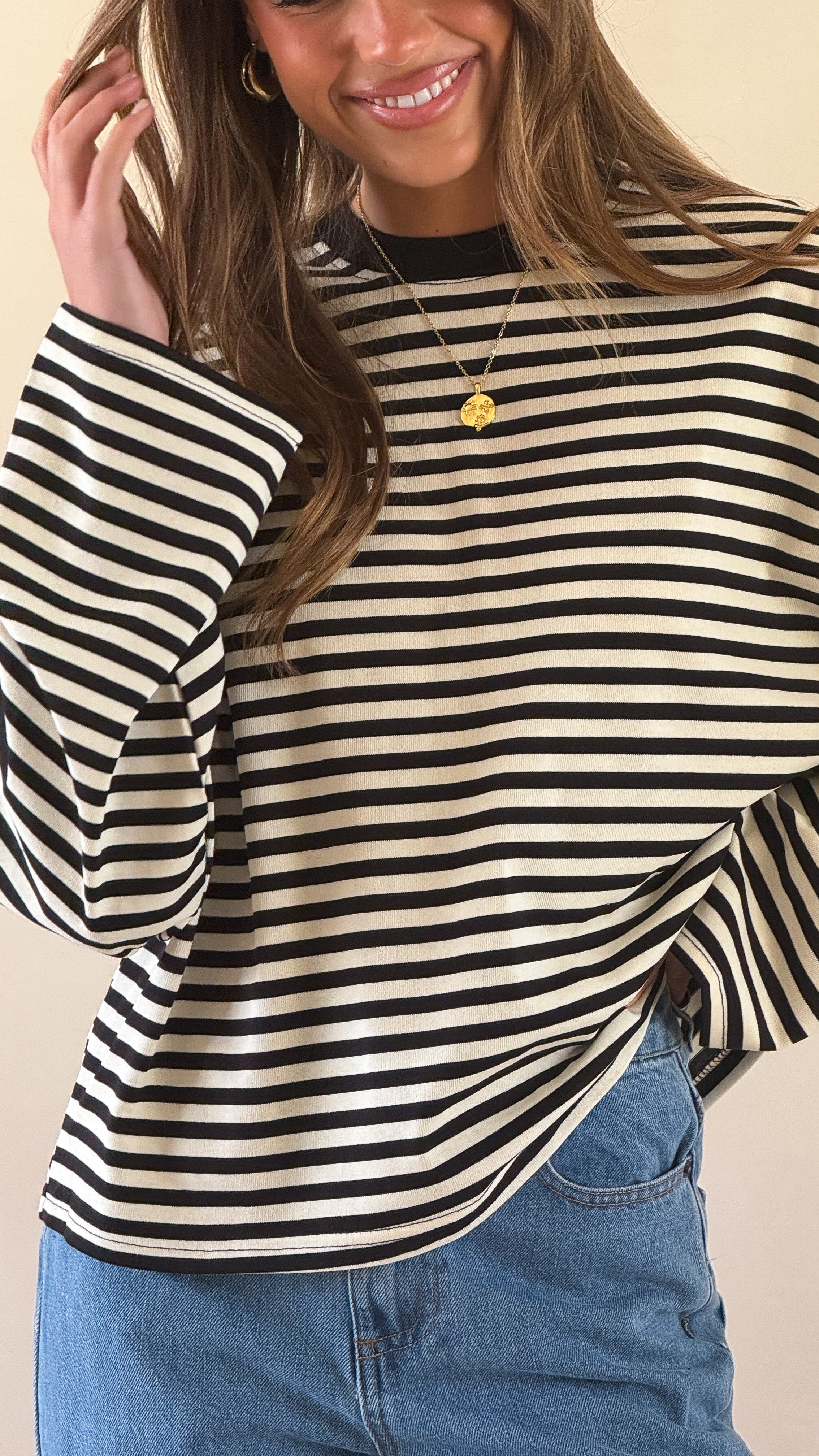 Solana Long Sleeve Top - Black/White Stripe - Billy J