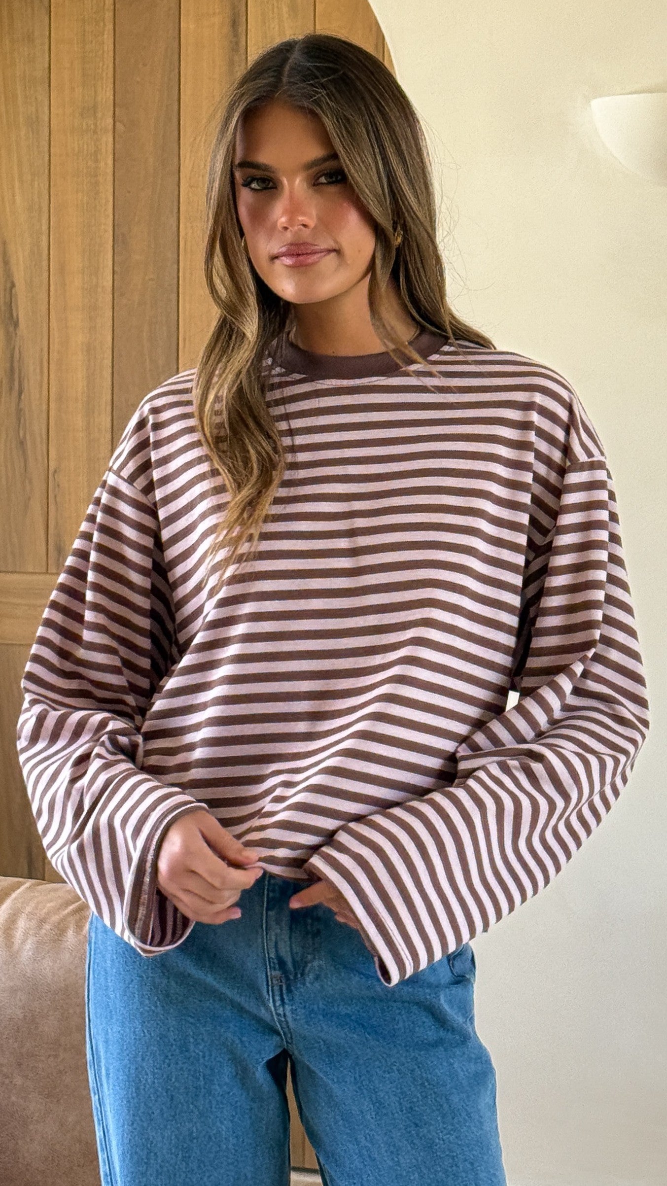 Solana Long Sleeve Top - Pink/Choc Stripe - Billy J