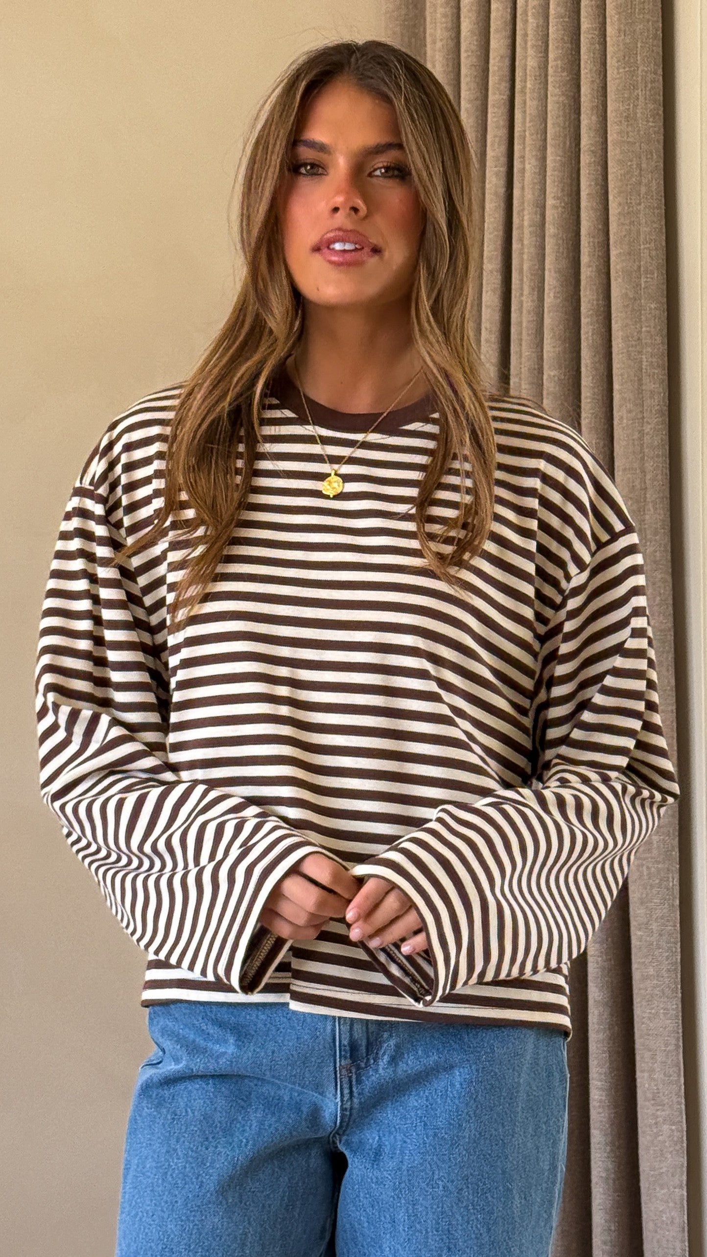 Solana Long Sleeve Top - Choc/White Stripe - Billy J