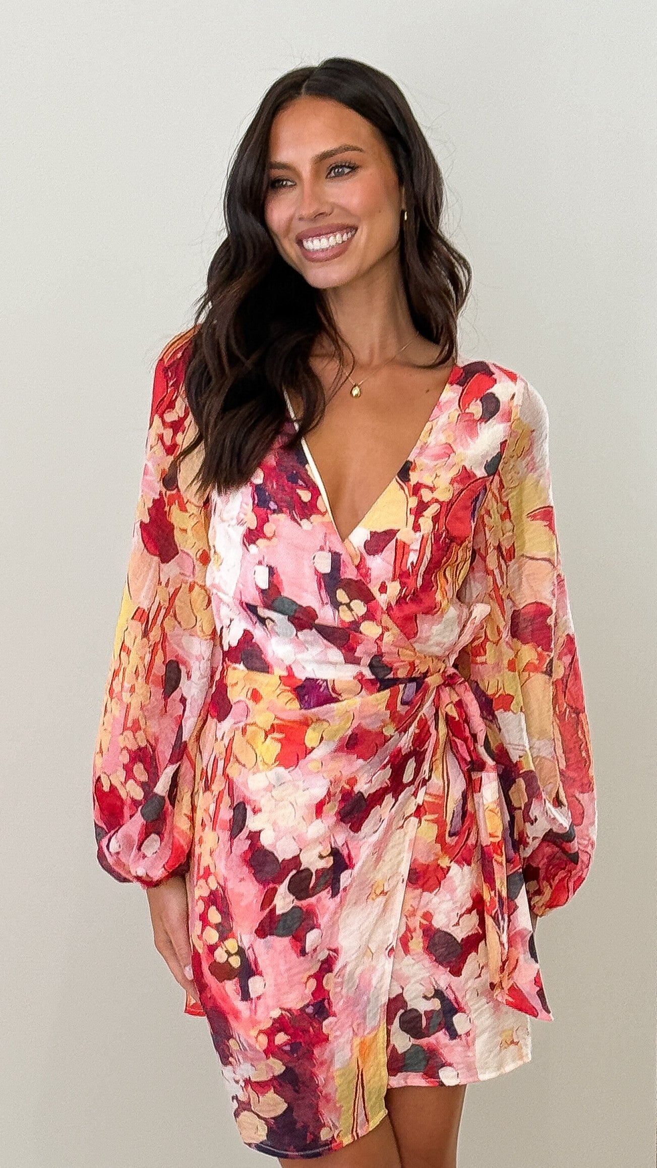 Jemma Long Sleeve Mini Dress - Pink Abstract - Billy J
