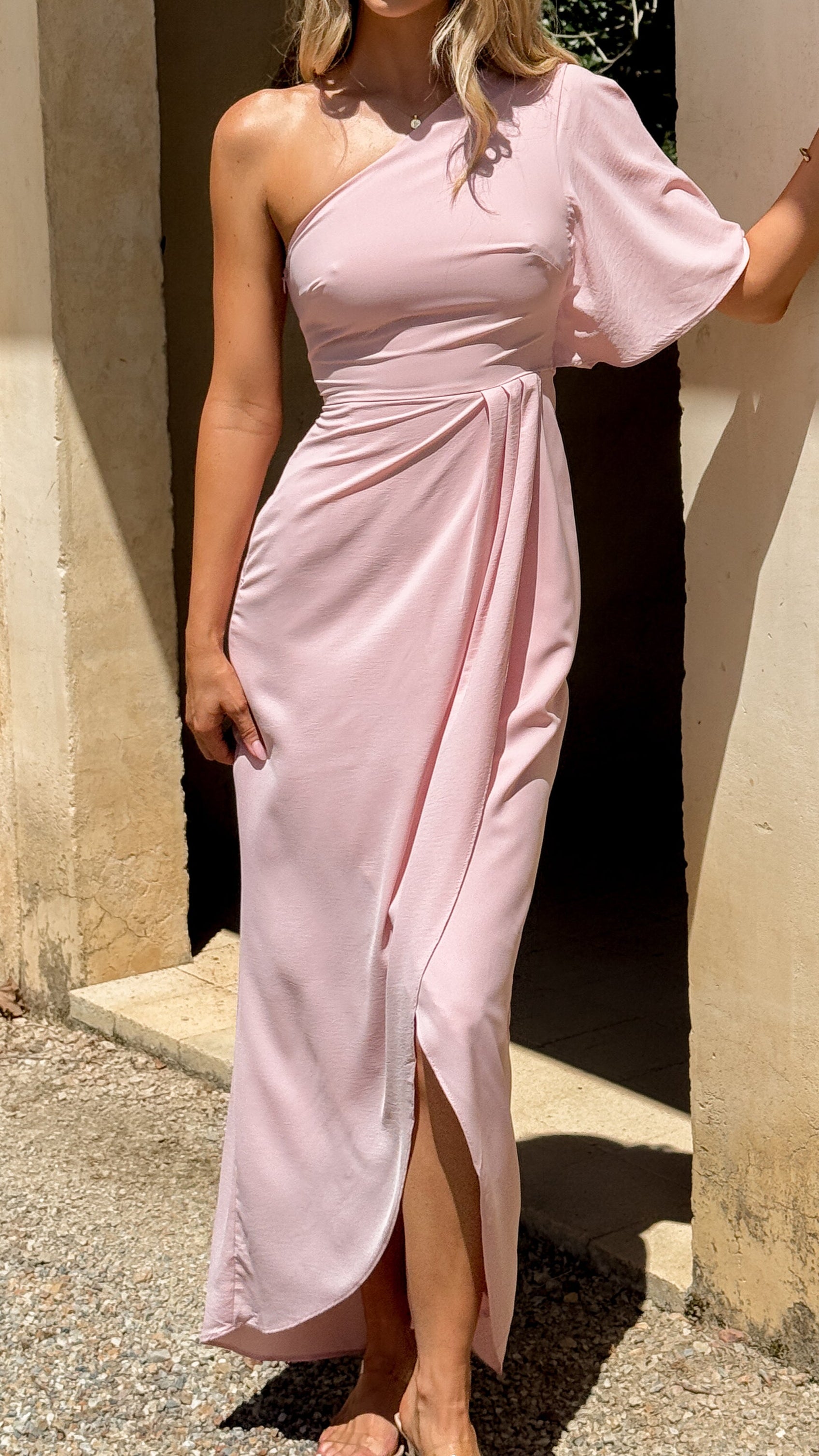 Emma One Sleeve Maxi Dress - Dusty Pink - Billy J