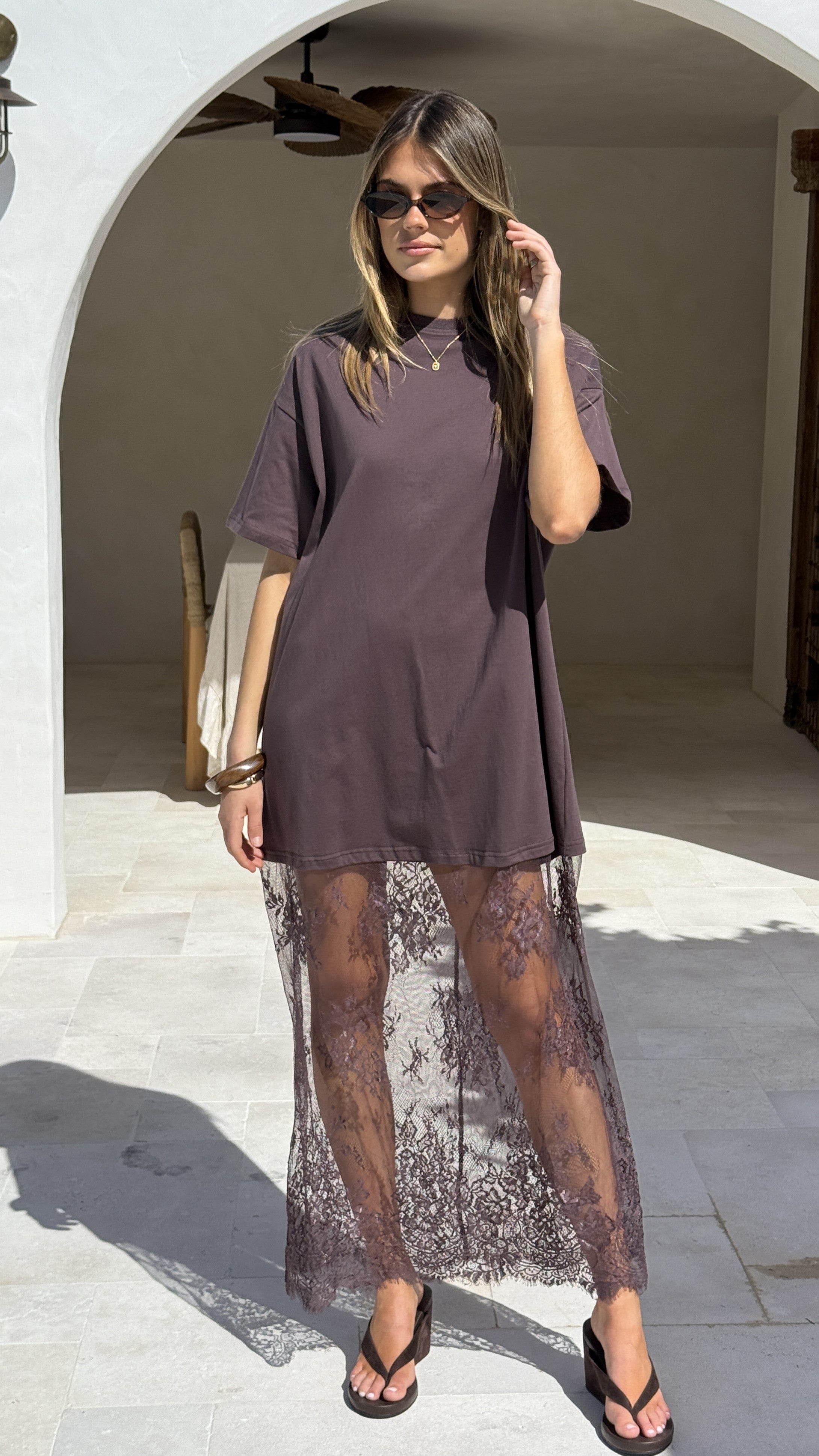 Raina T-Shirt Maxi Dress - Brown Lace - Billy J