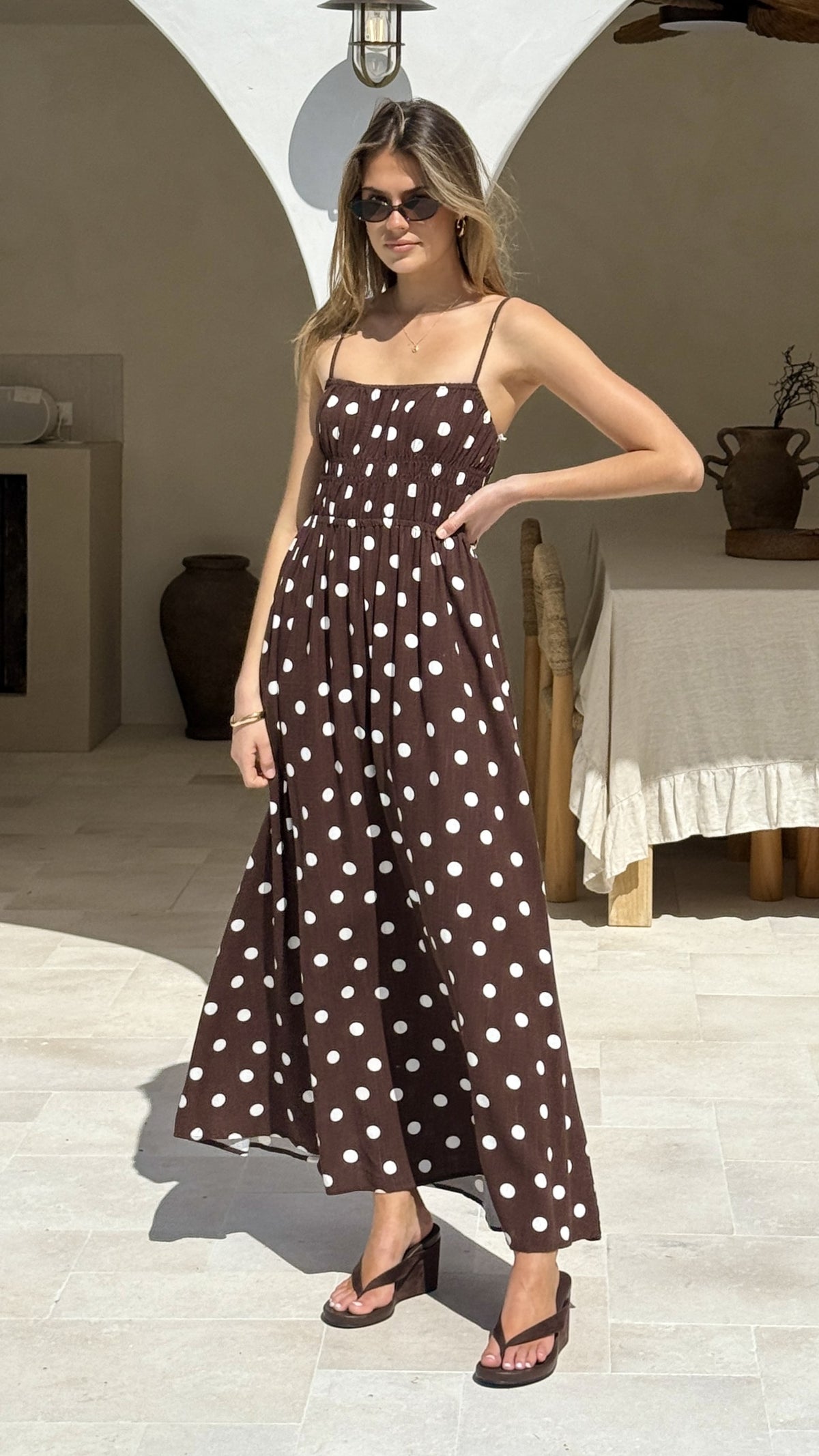 jorjana polka maxi dress brown white Solare Maxi Dress