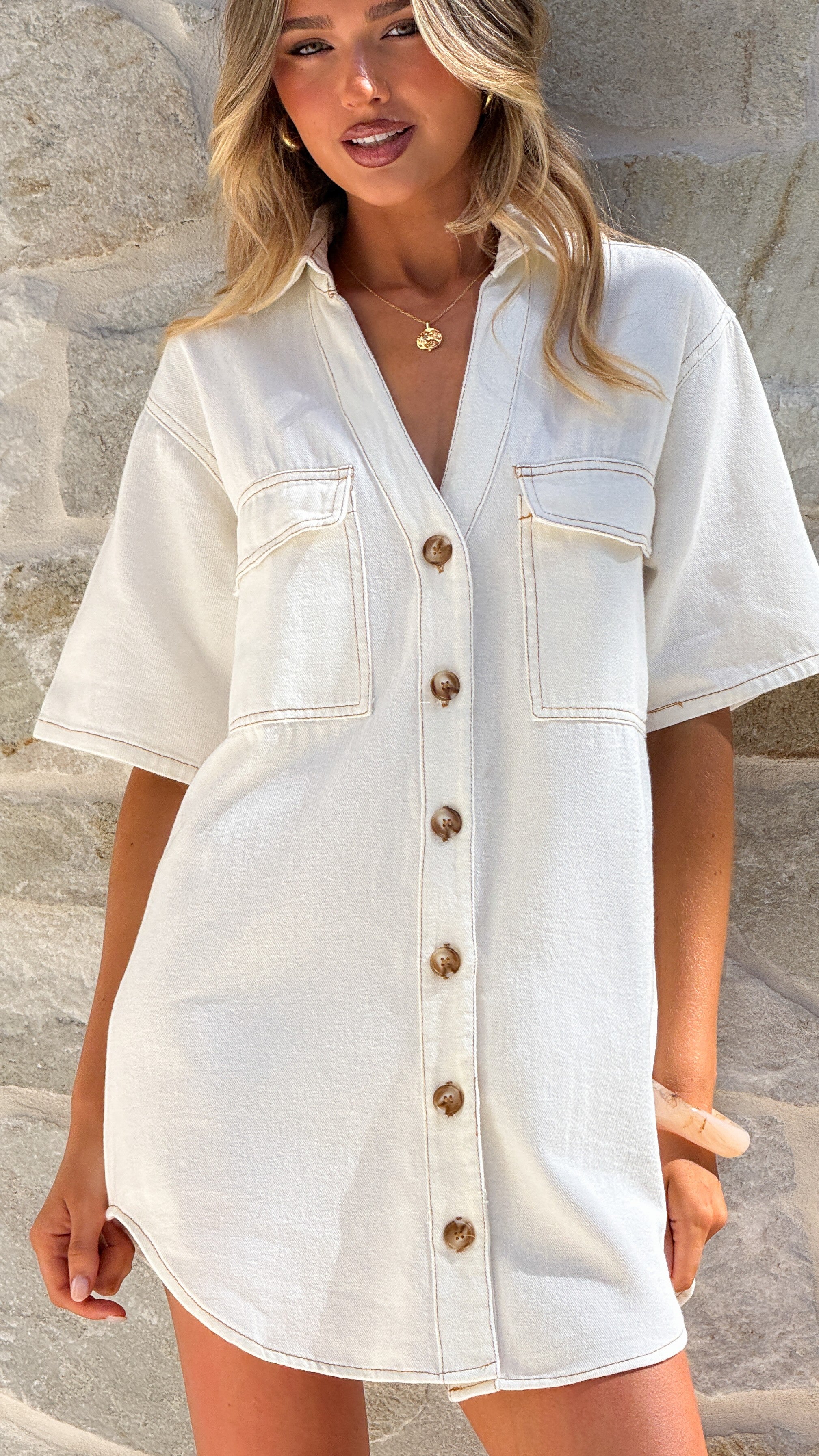 Maliha Button Up Mini Dress - White Denim - Billy J