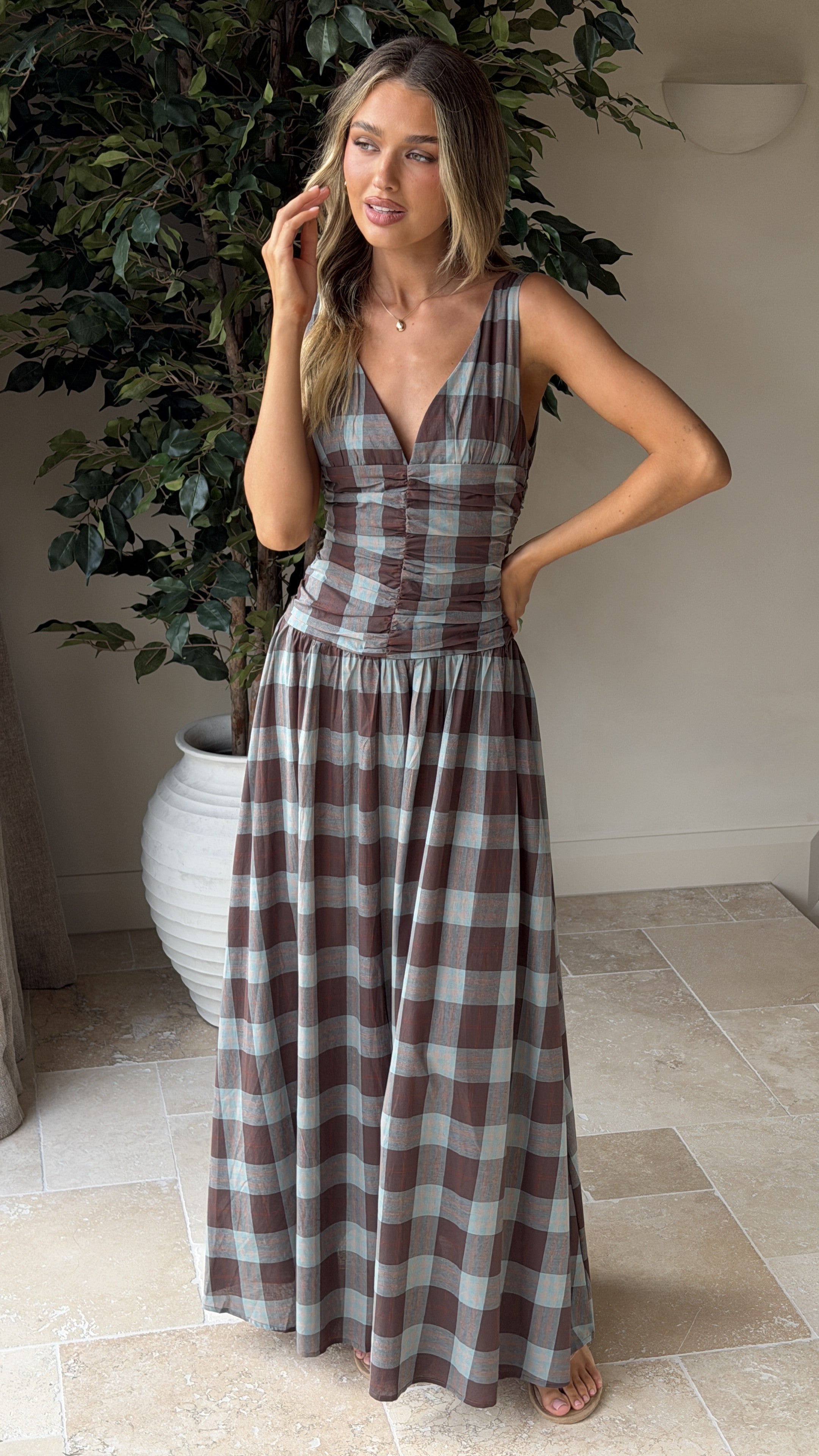 Sanya Maxi Dress - Chocolate Check - Billy J