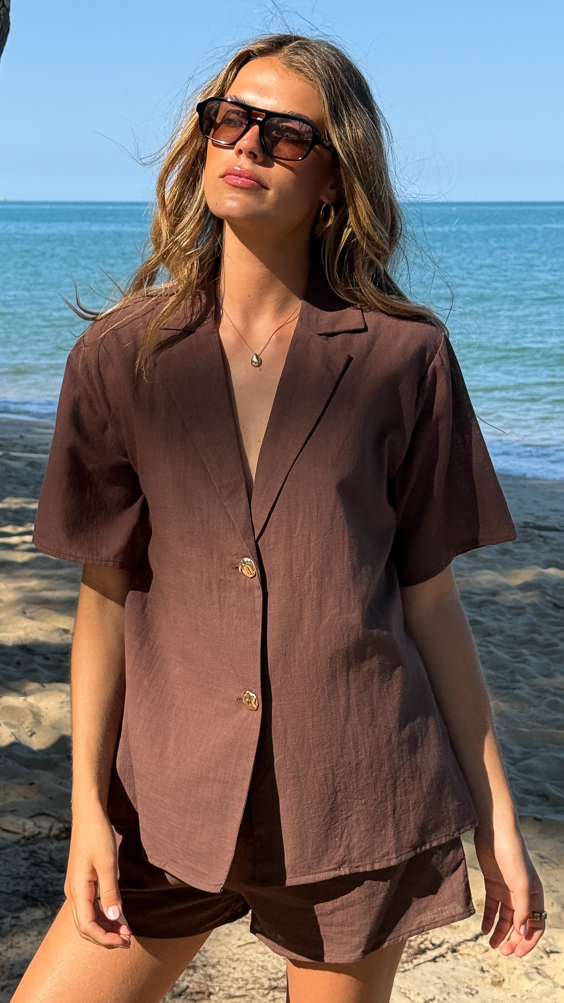 Nadine Shirt and Shorts Set - Brown - Billy J