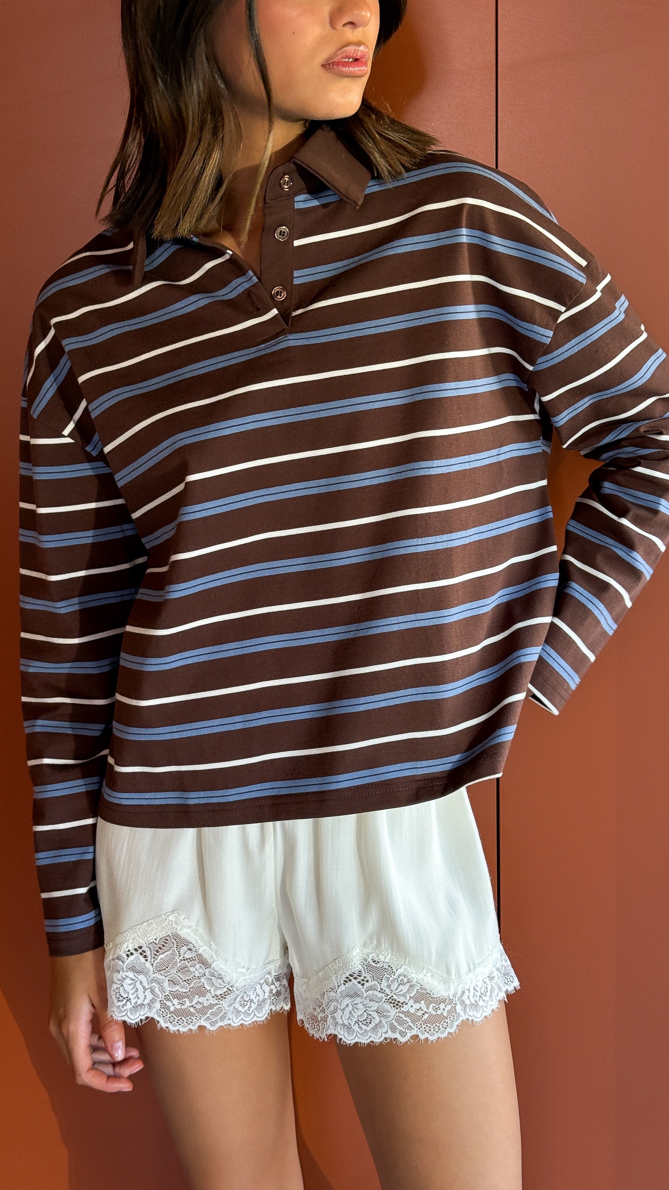 Isha Collared Long Sleeve Top - Brown Stripe - Billy J
