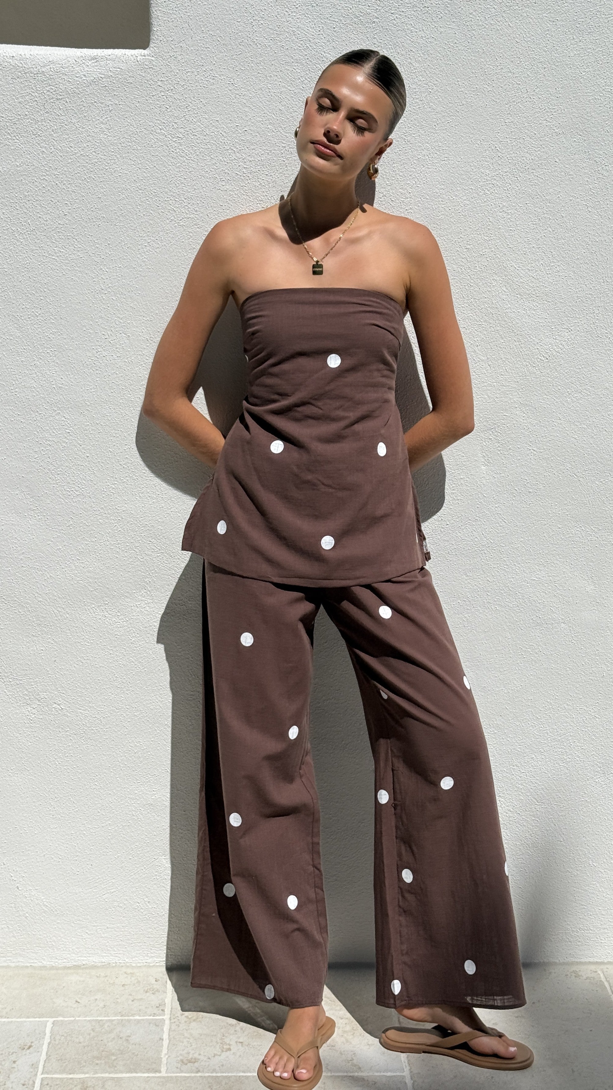 Kailani Strapless Top and Pants Set - Chocolate / White Polka Dot - Billy J
