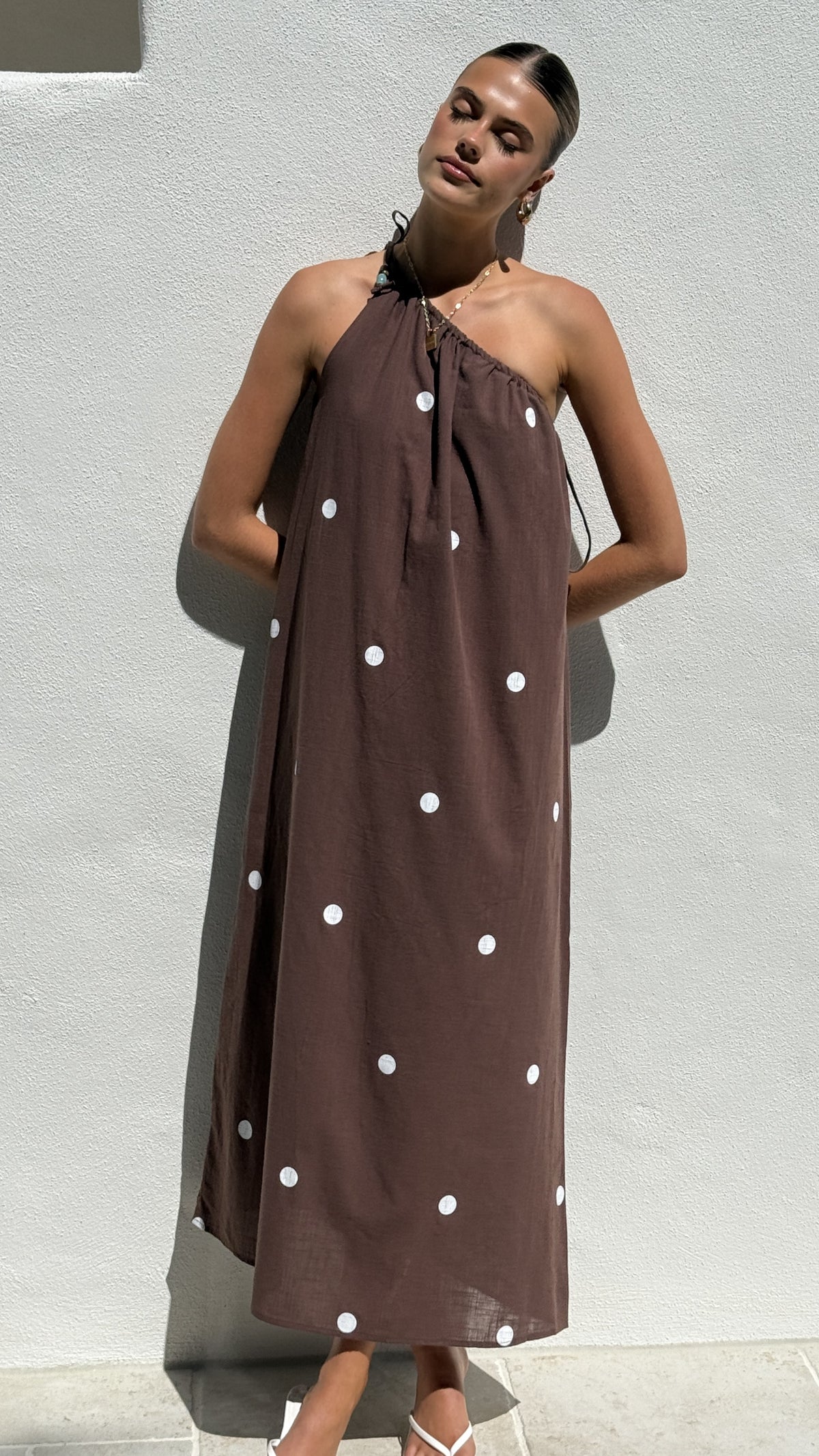 Nasira One Shoulder Maxi Dress - Chocolate / White Polka Dot - Billy J
