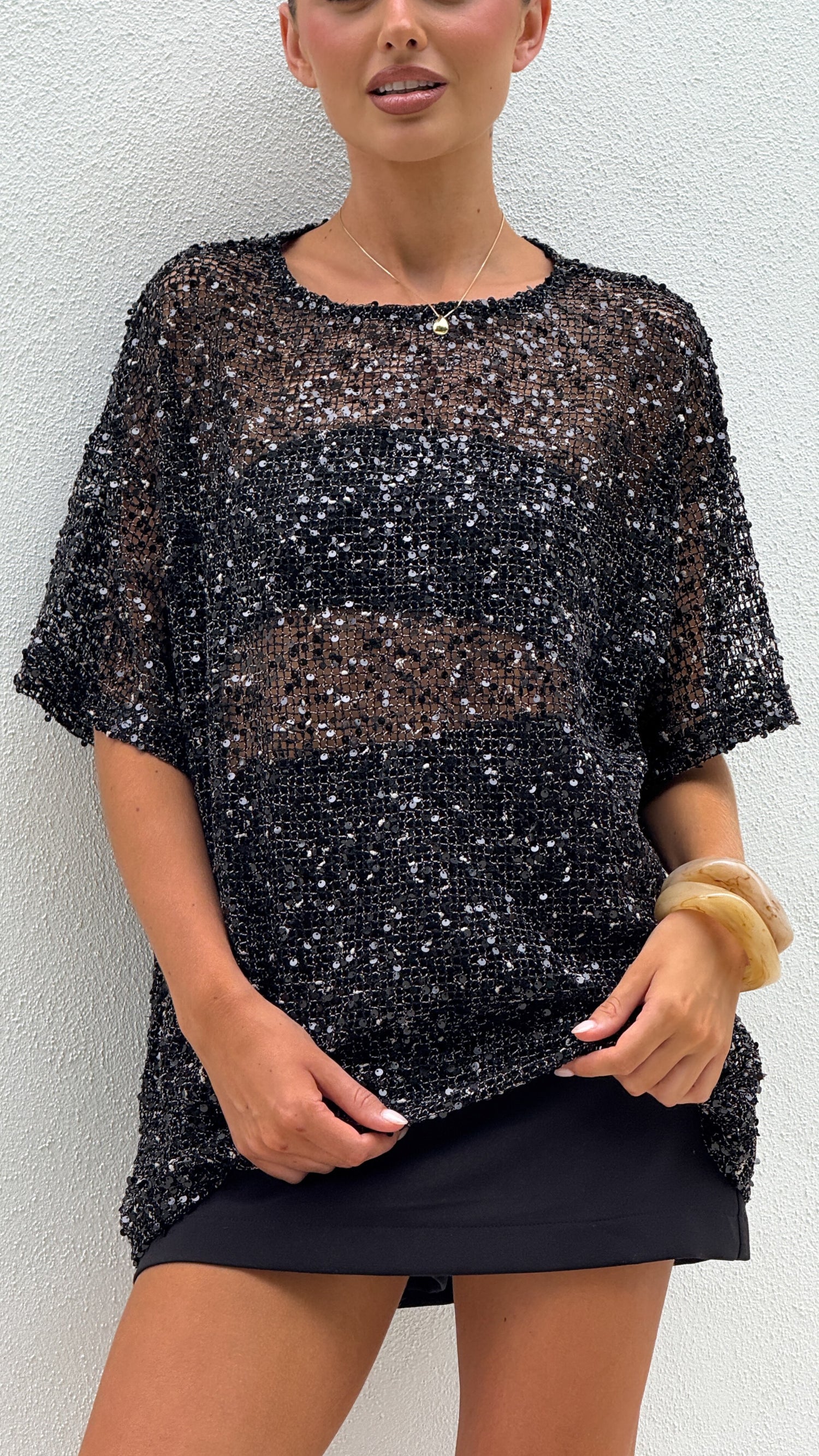 Zinnia Oversized Sequins Tee - Black - Billy J