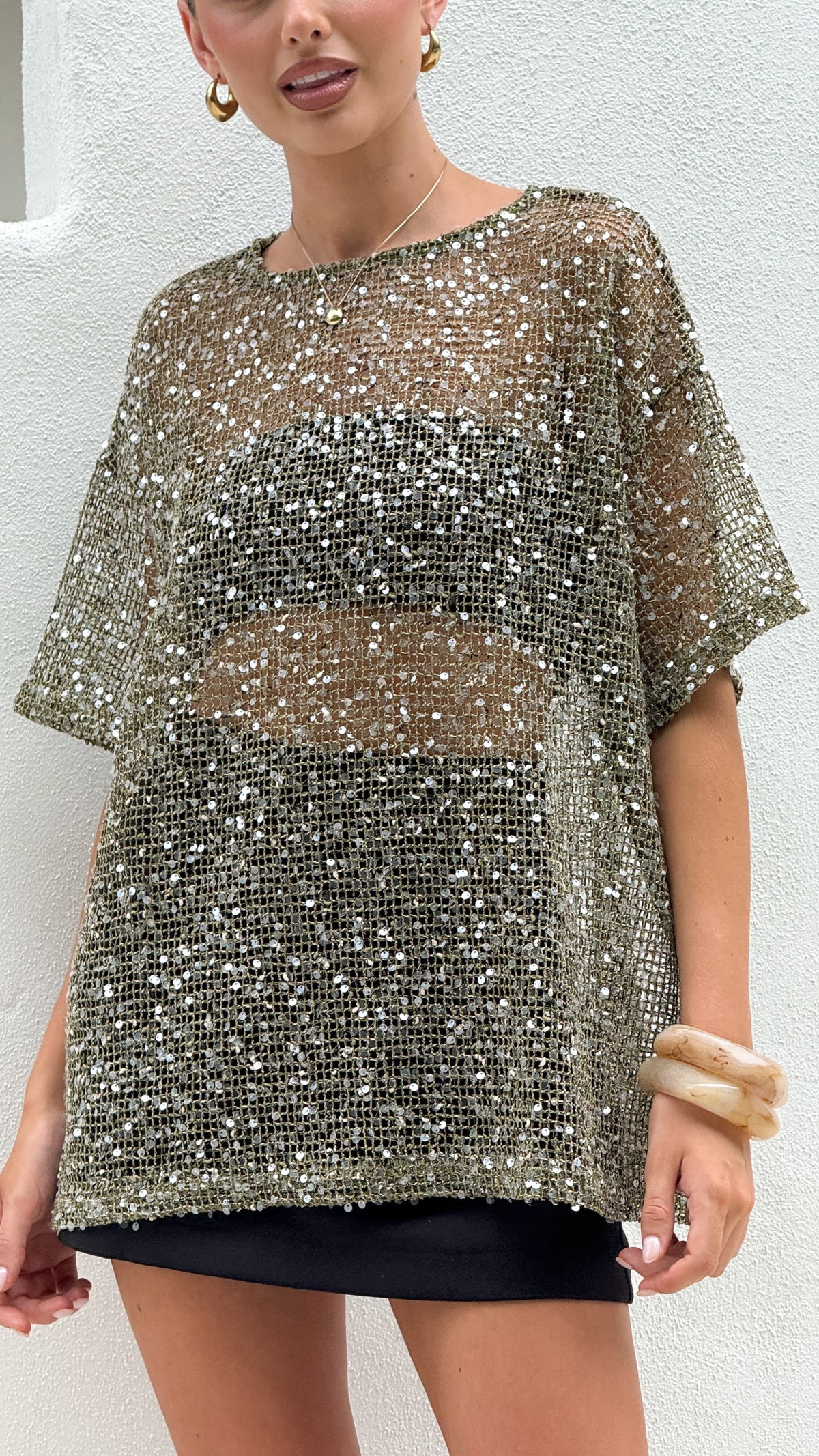 Zinnia Oversized Sequins Tee - Khaki - Billy J