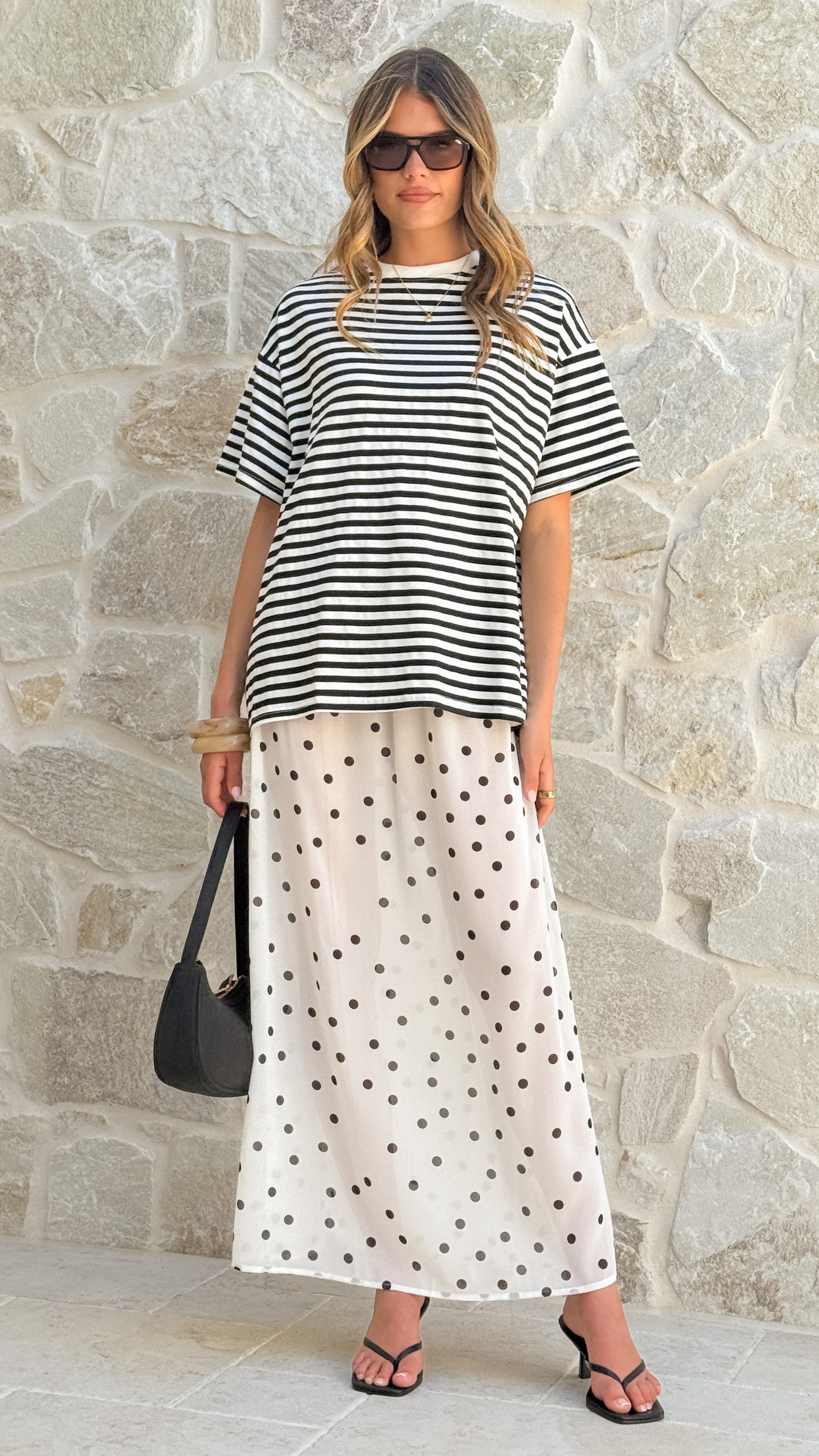 Elisha T-Shirt and Sheer Maxi Skirt Set - Black / White Stripe and Polka Dot - Billy J
