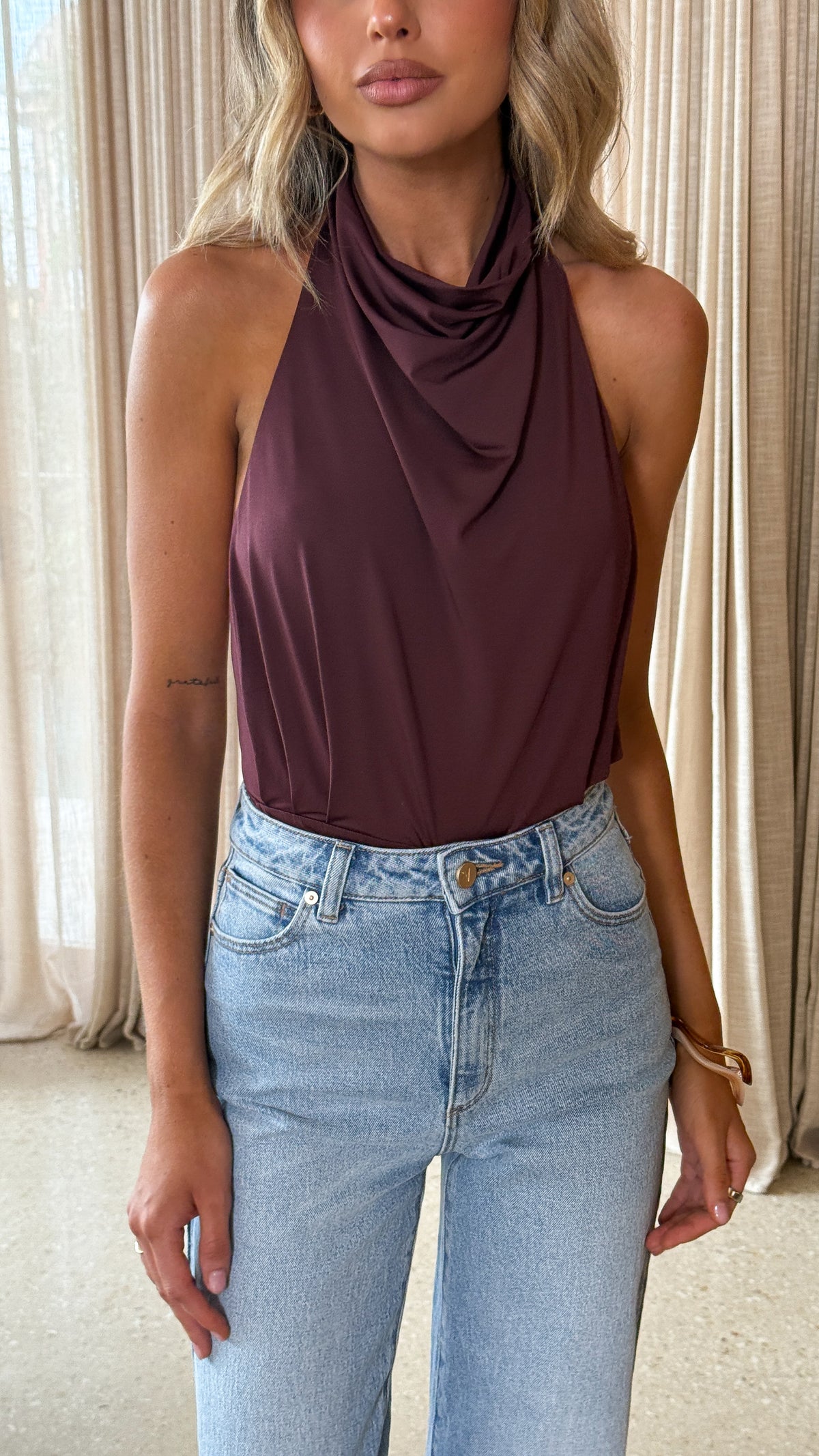 Kasi Cowl Neck Bodysuit - Chocolate - Billy J