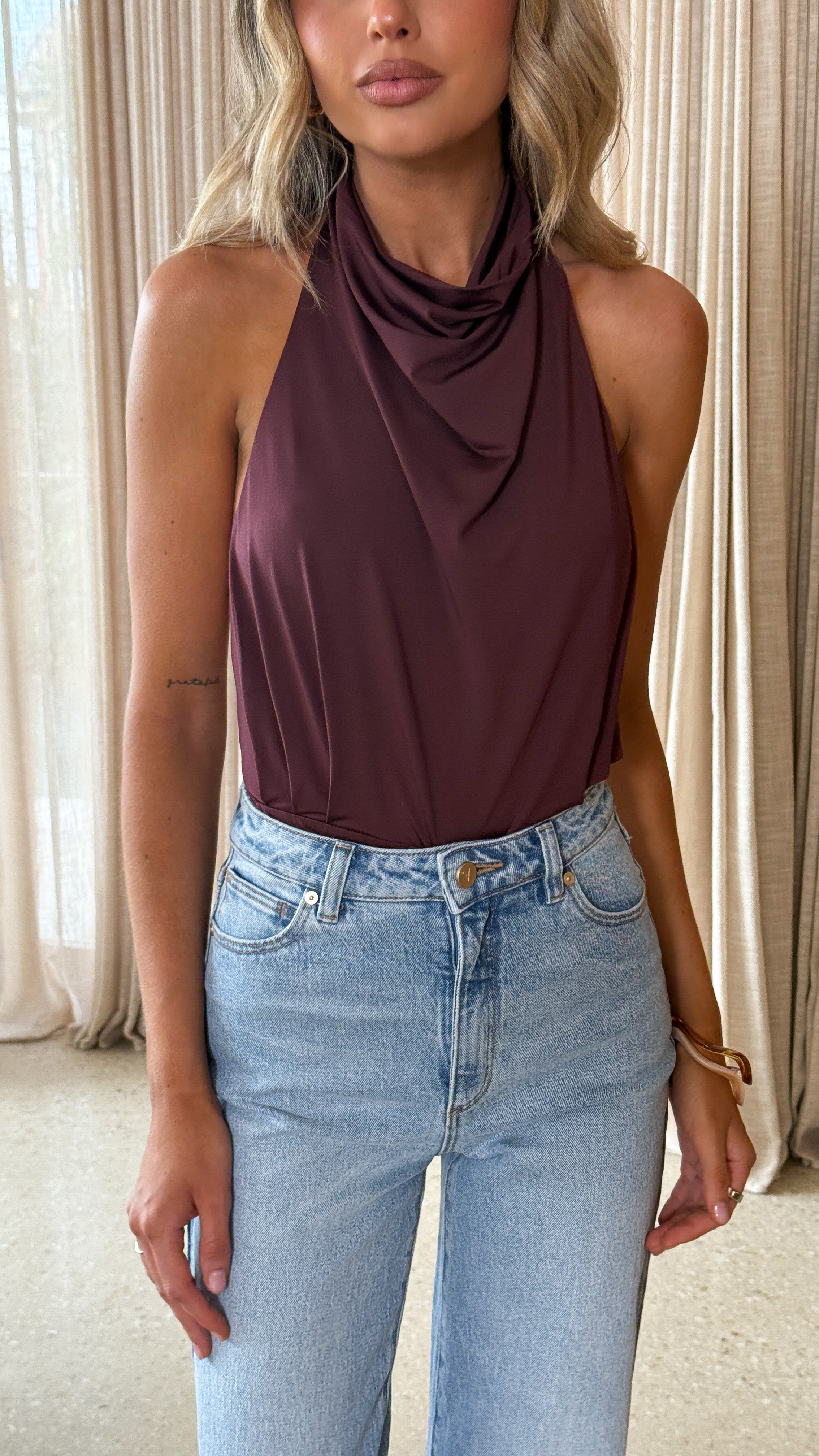 Kasi Cowl Neck Bodysuit - Chocolate - Billy J