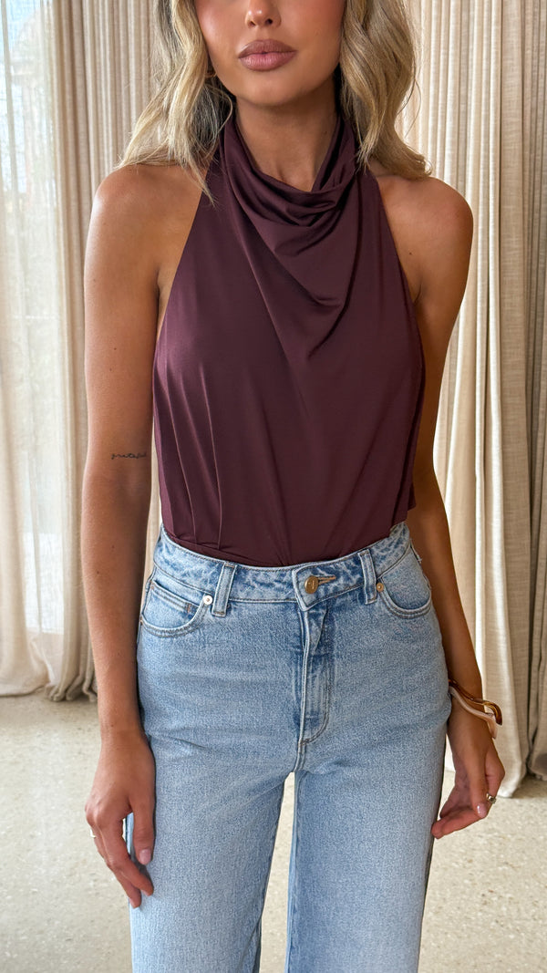 Kasi Cowl Neck Bodysuit - Chocolate - Billy J