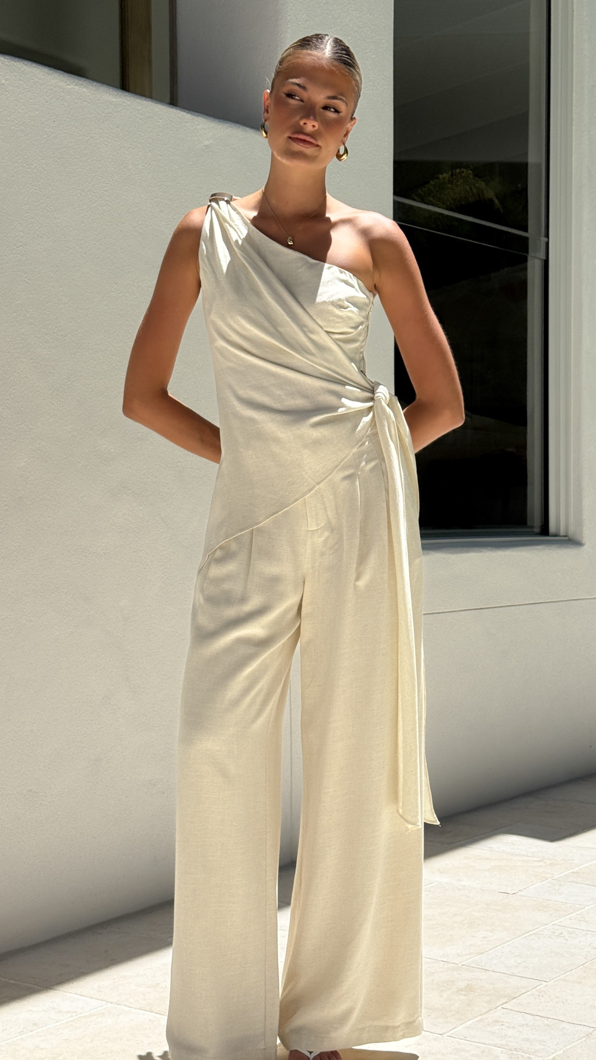 Leela One Shoulder Top and Pants Set - Beige - Billy J