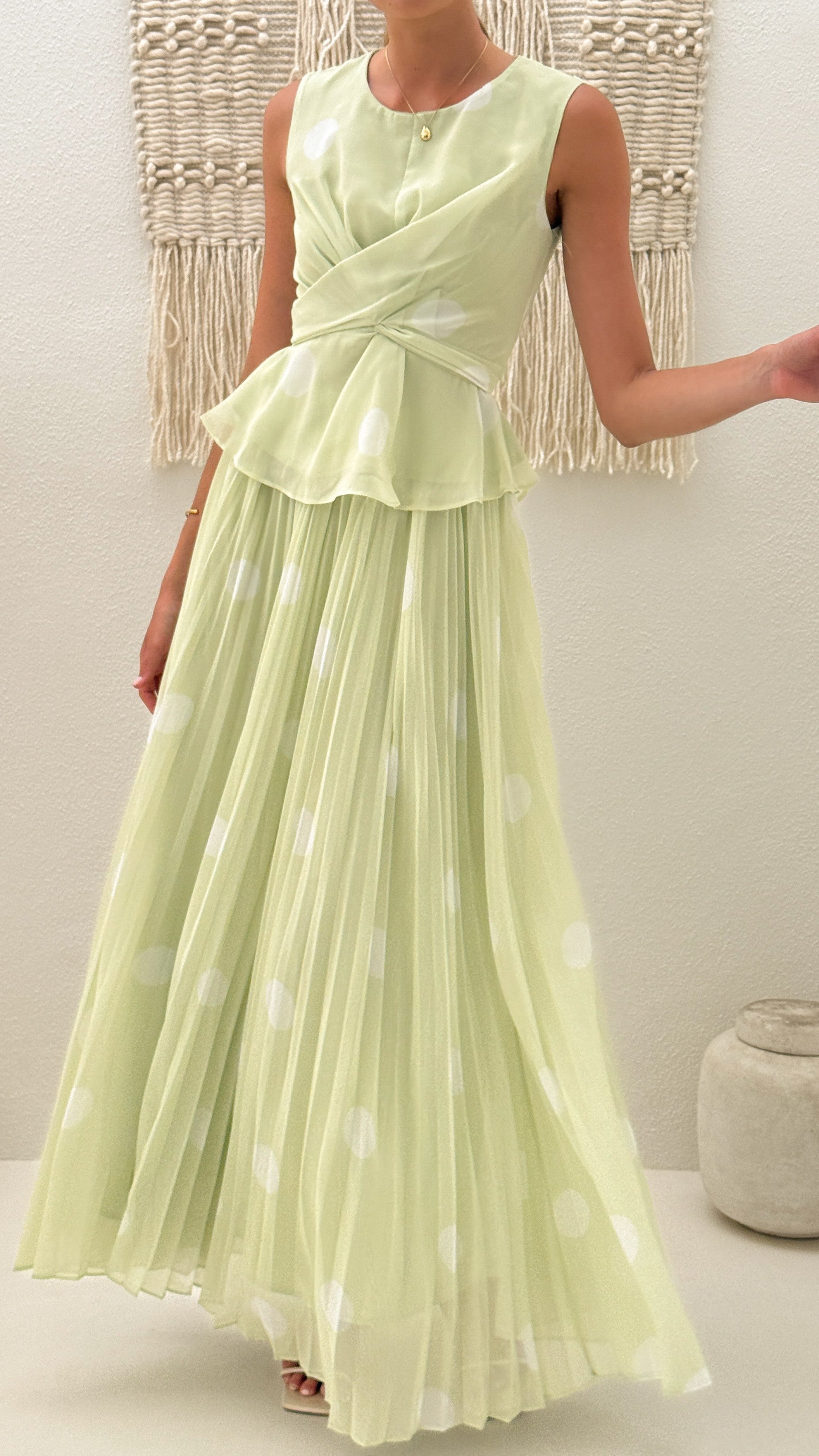Cambree Peplum Top and Maxi Skirt Set - Sage / White Polka Dot - Billy J