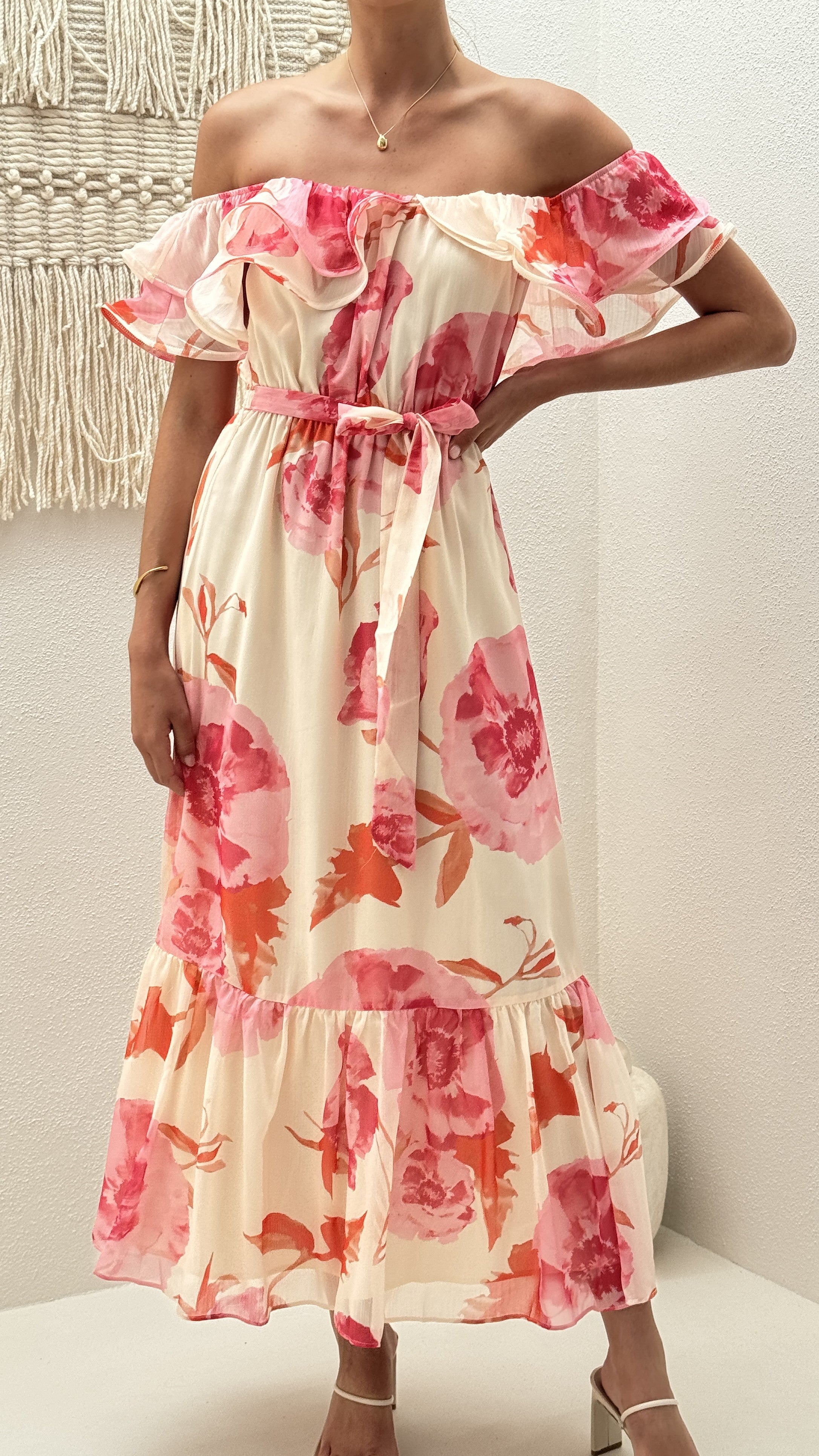Chase Off Shoulder Maxi Dress- Pink Floral - Billy J