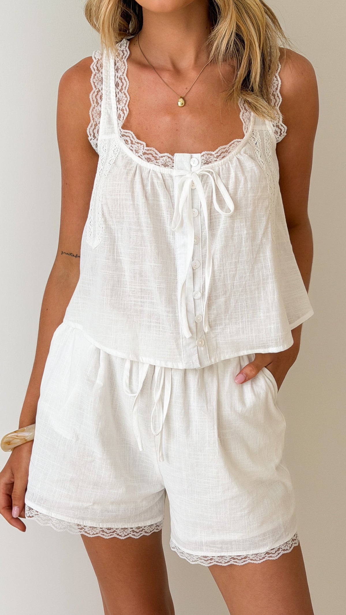 Odele Top and Shorts Set - White/Lace - Billy J