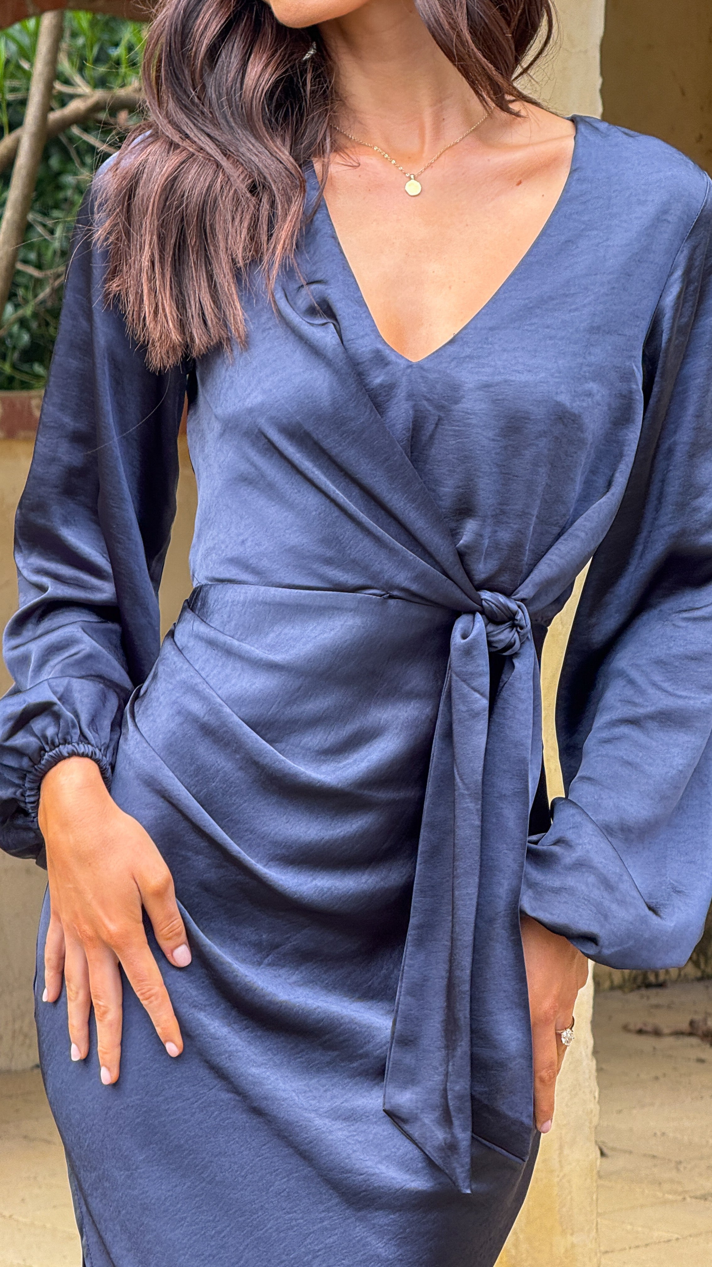 Ivy Long Sleeve Tie Front Maxi Dress - Navy - Billy J