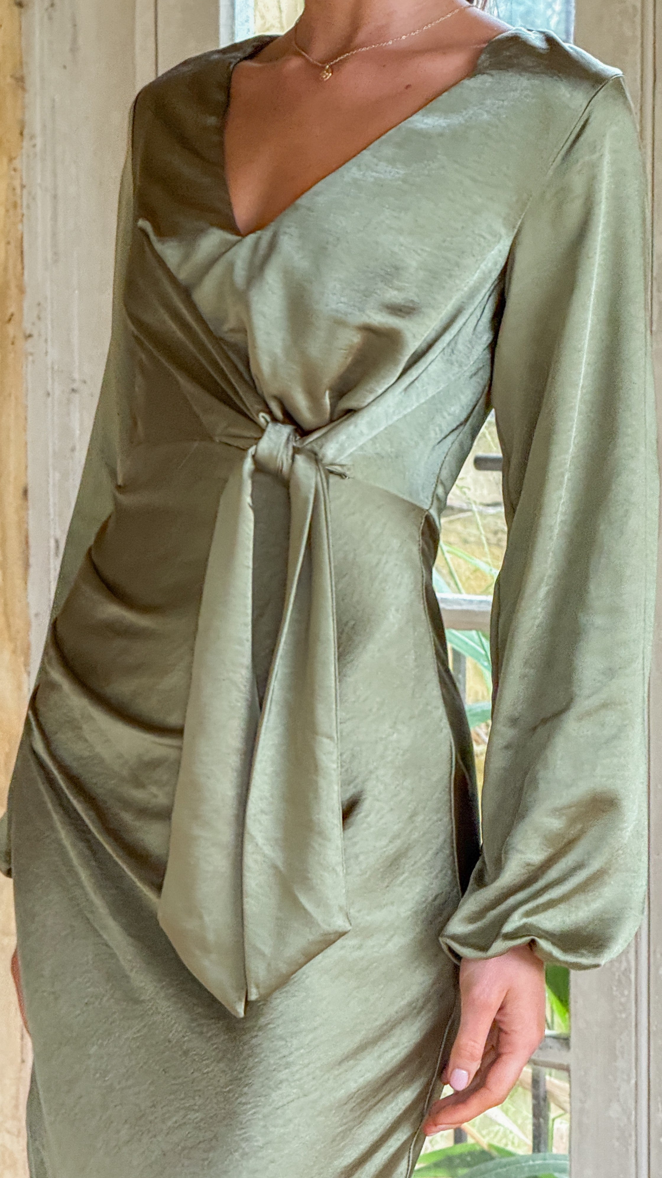 Ivy Long Sleeve Tie Front Maxi Dress - Olive - Billy J