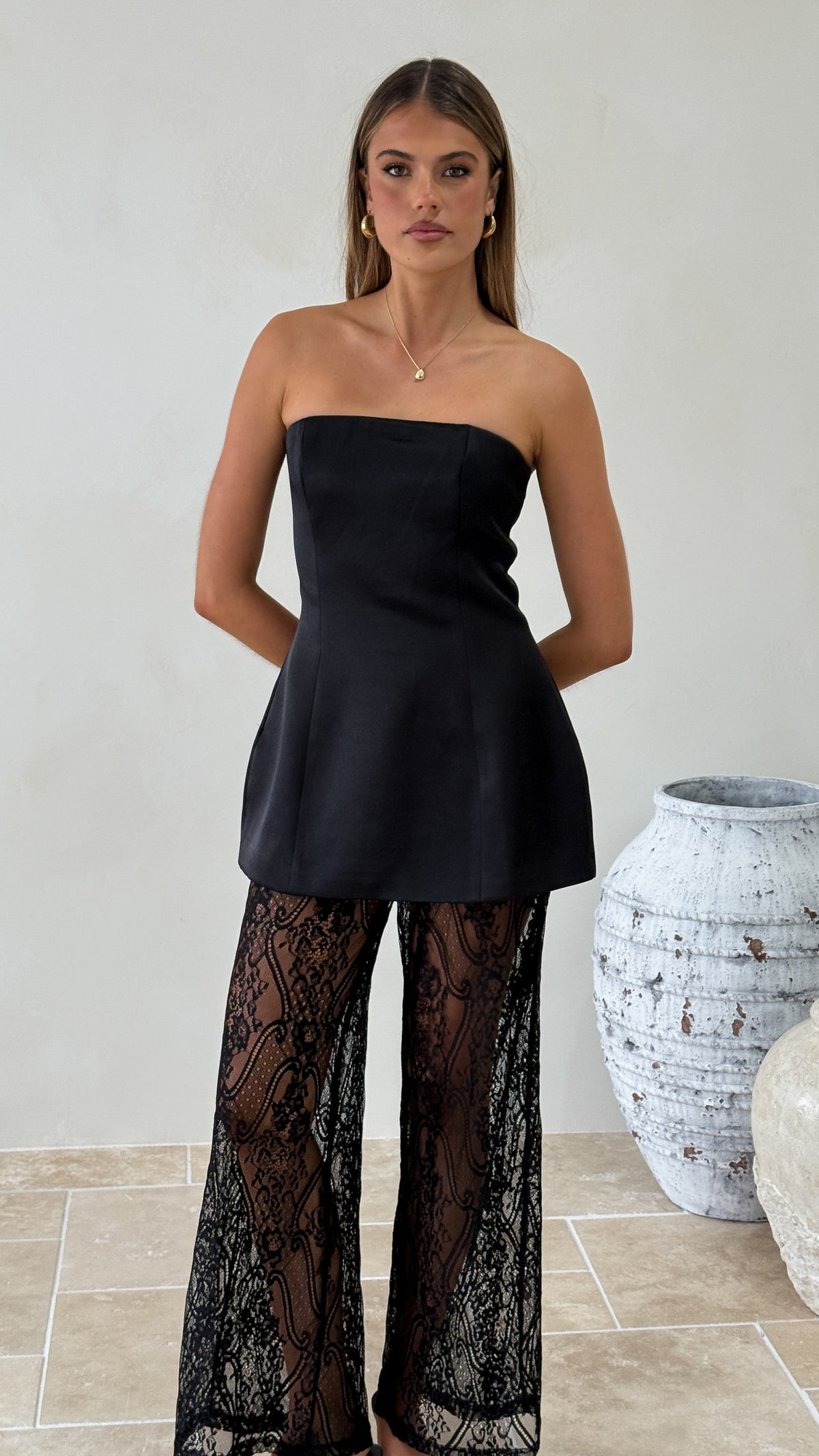 Harlean Strapless Top and Lace Pants Set - Black - Billy J