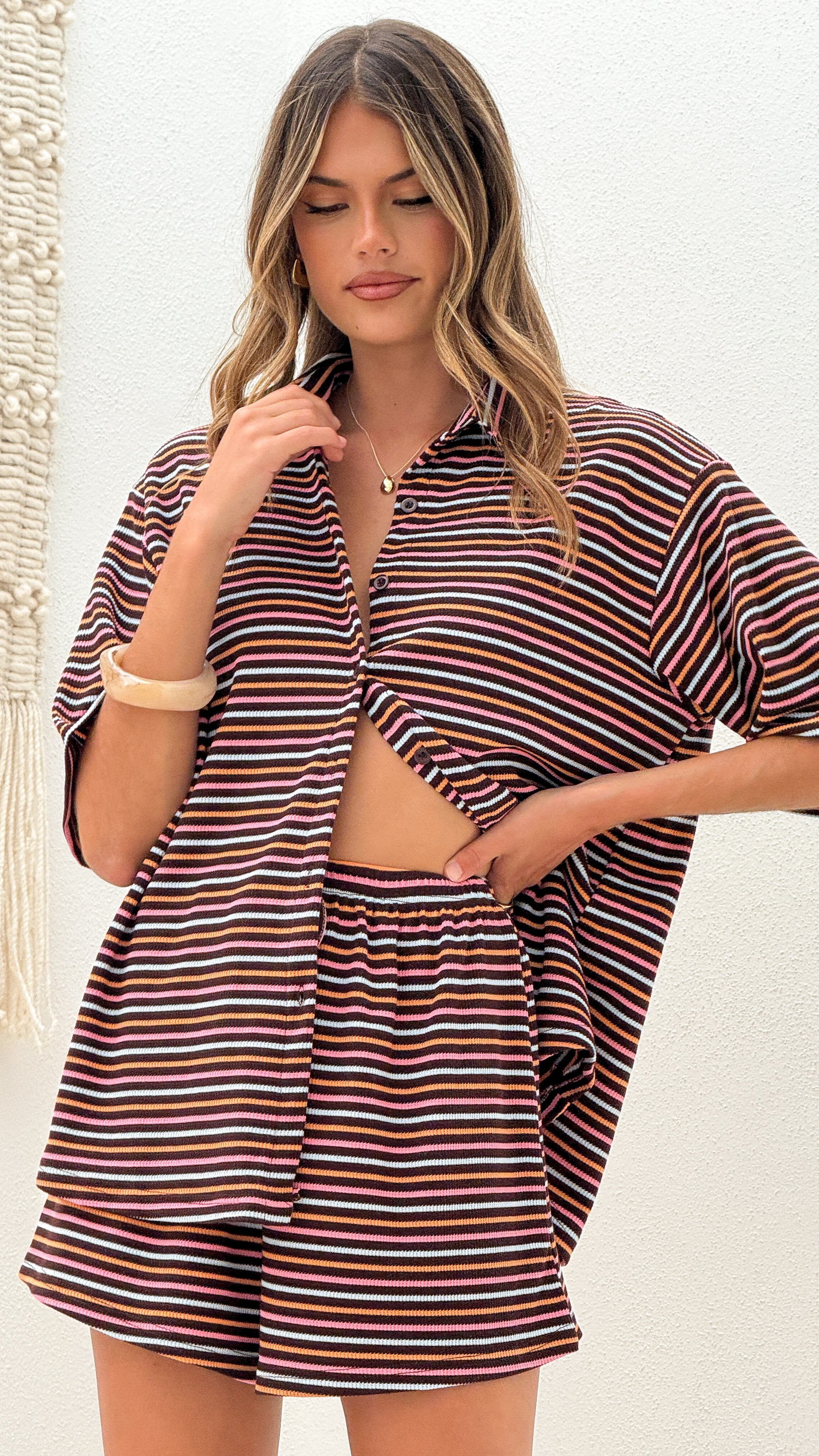 Tali Button Up Shirt and Shorts Set - Brown/Blue Stripe - Billy J