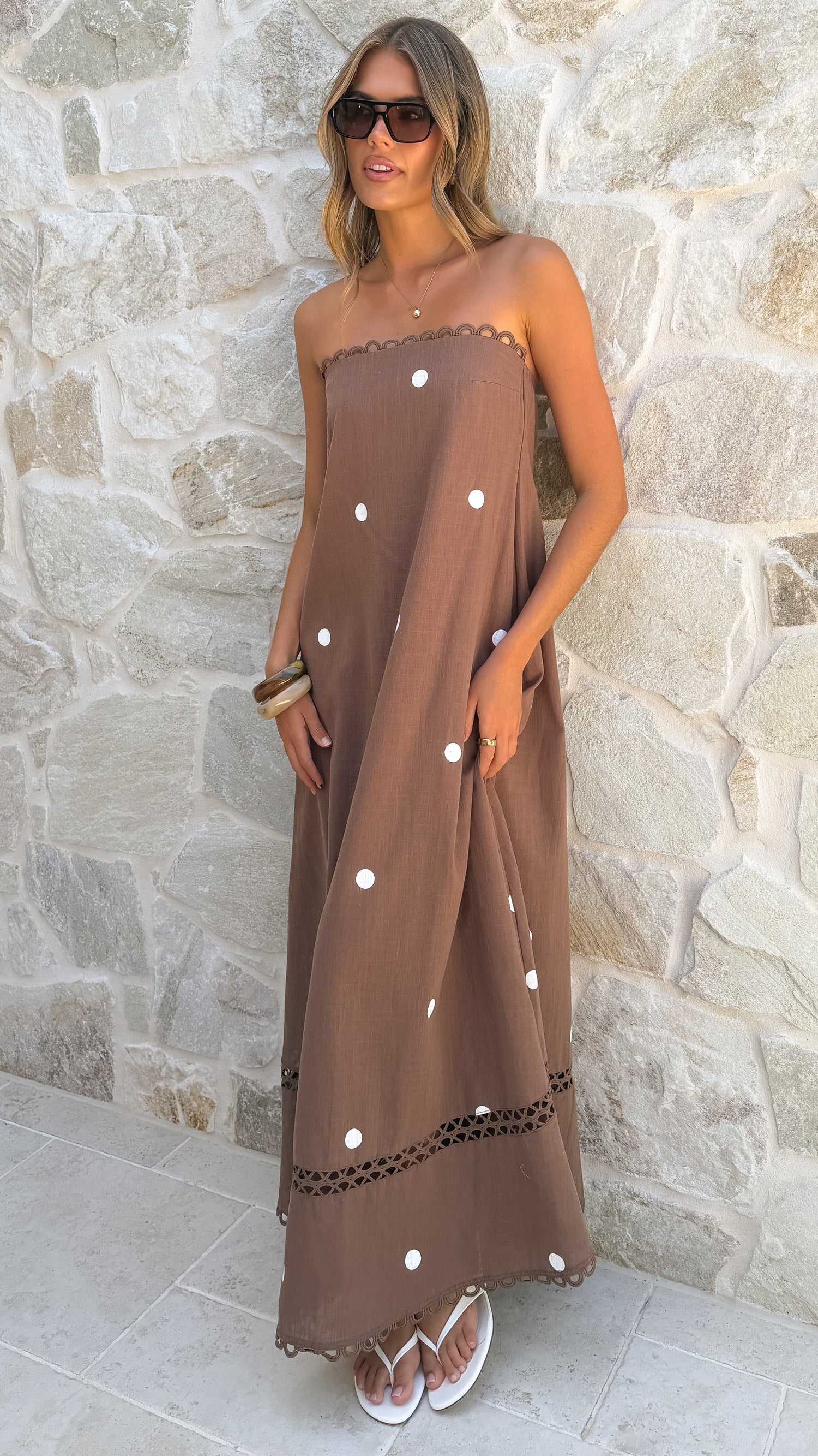 Sandra Maxi Dress - Chocolate/White Polka - Billy J