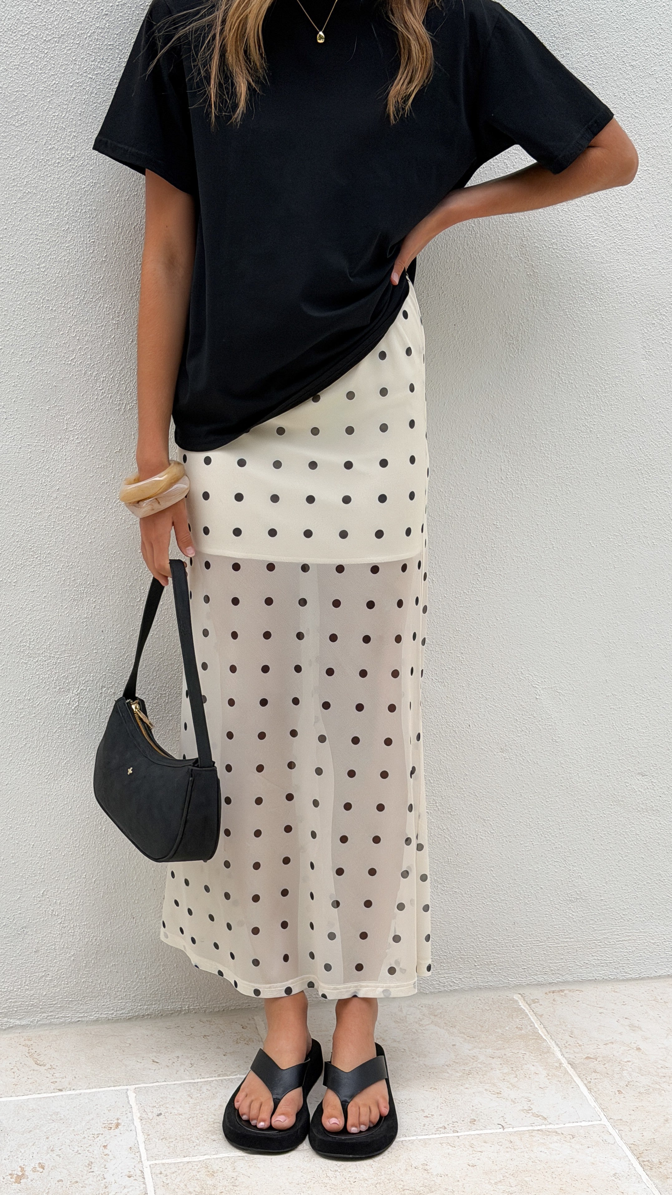Onella Semi Sheer Maxi Skirt - Cream/Black Polka Dot - Billy J