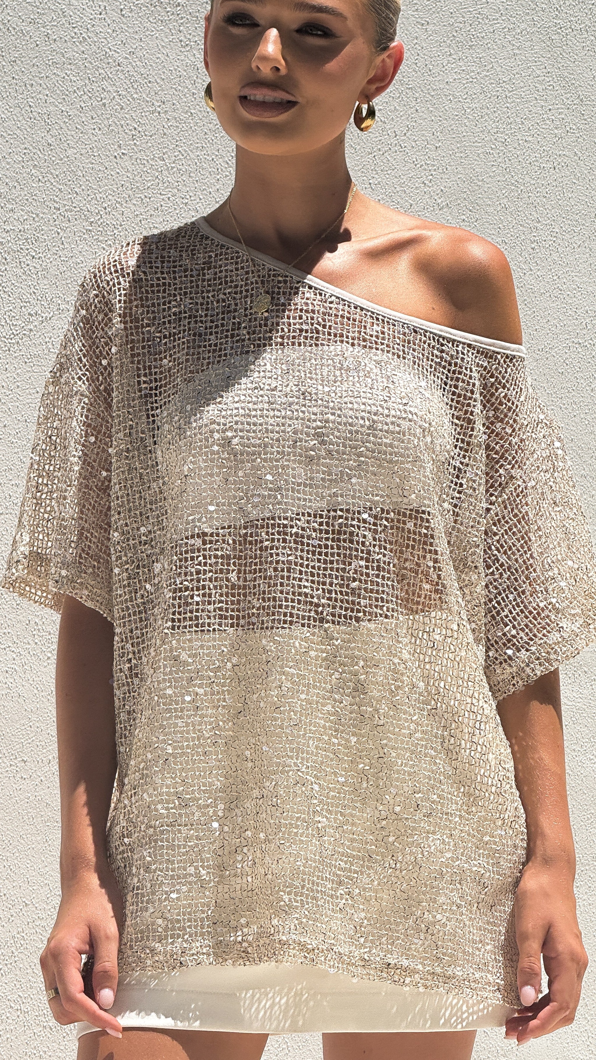 Zinnie Sequins Off Shoulder Top - Beige - Billy J