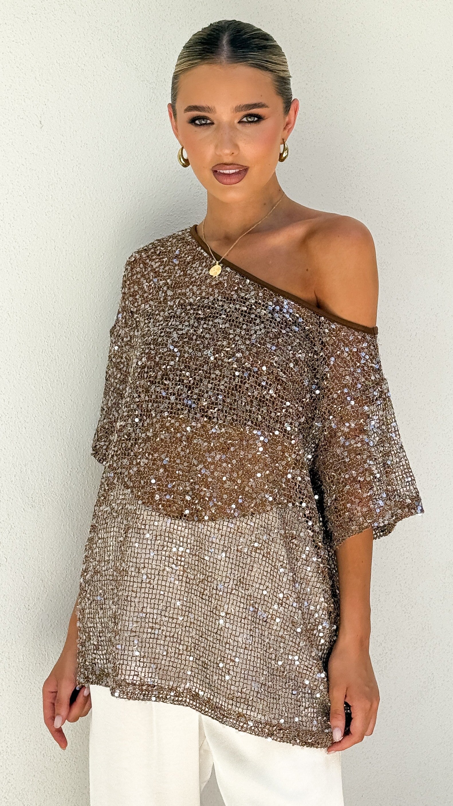 Zinnie Sequins Off Shoulder Top - Mocha - Billy J