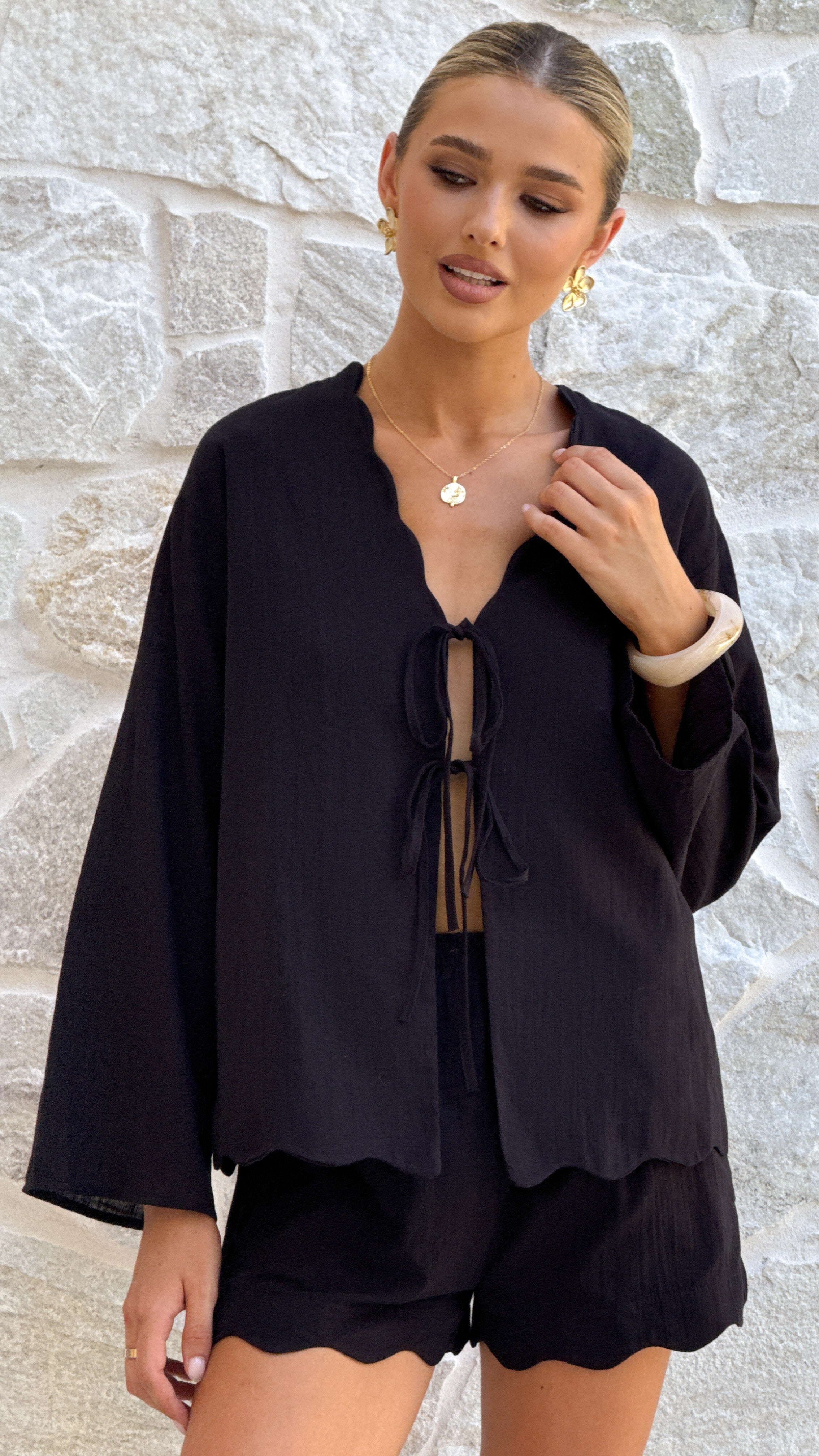 Leelo Tie Front Top and Shorts Set - Black - Billy J