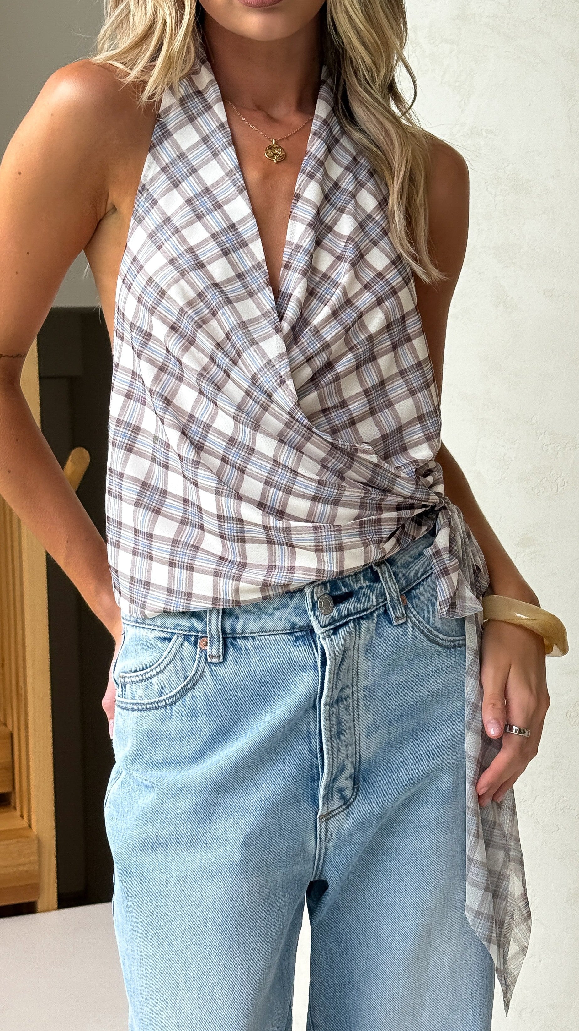 Belle Halter Neck Top - Neutral Check - Billy J