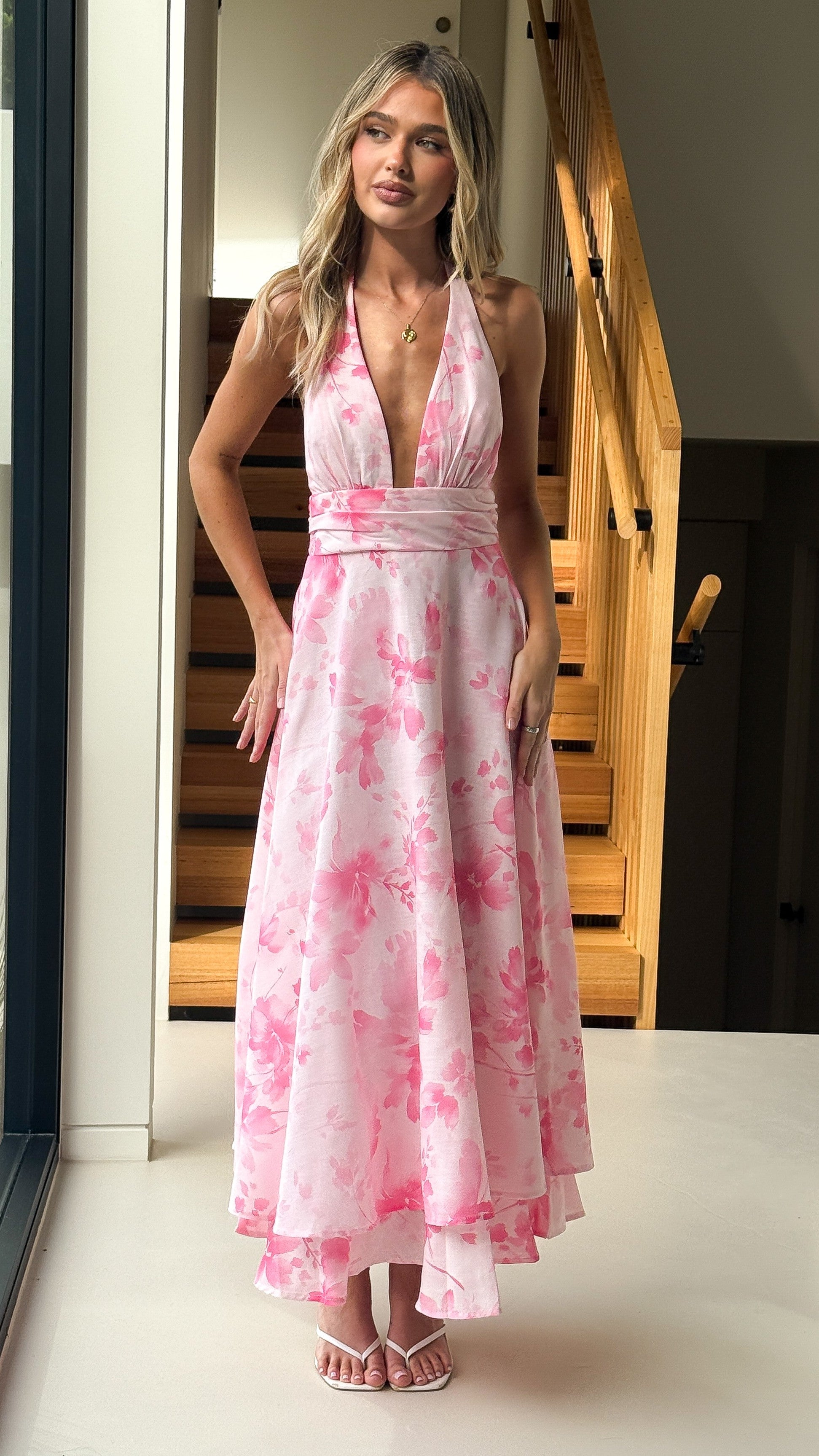 Kathy Halter Neck Maxi Dress - Pink Floral - Billy J