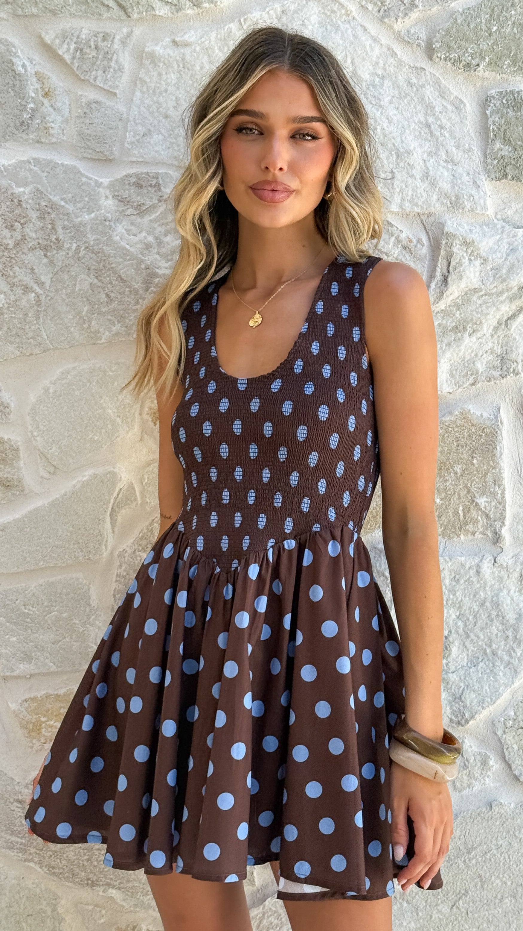 Amira Mini Dress - Choc/Blue Polka - Billy J