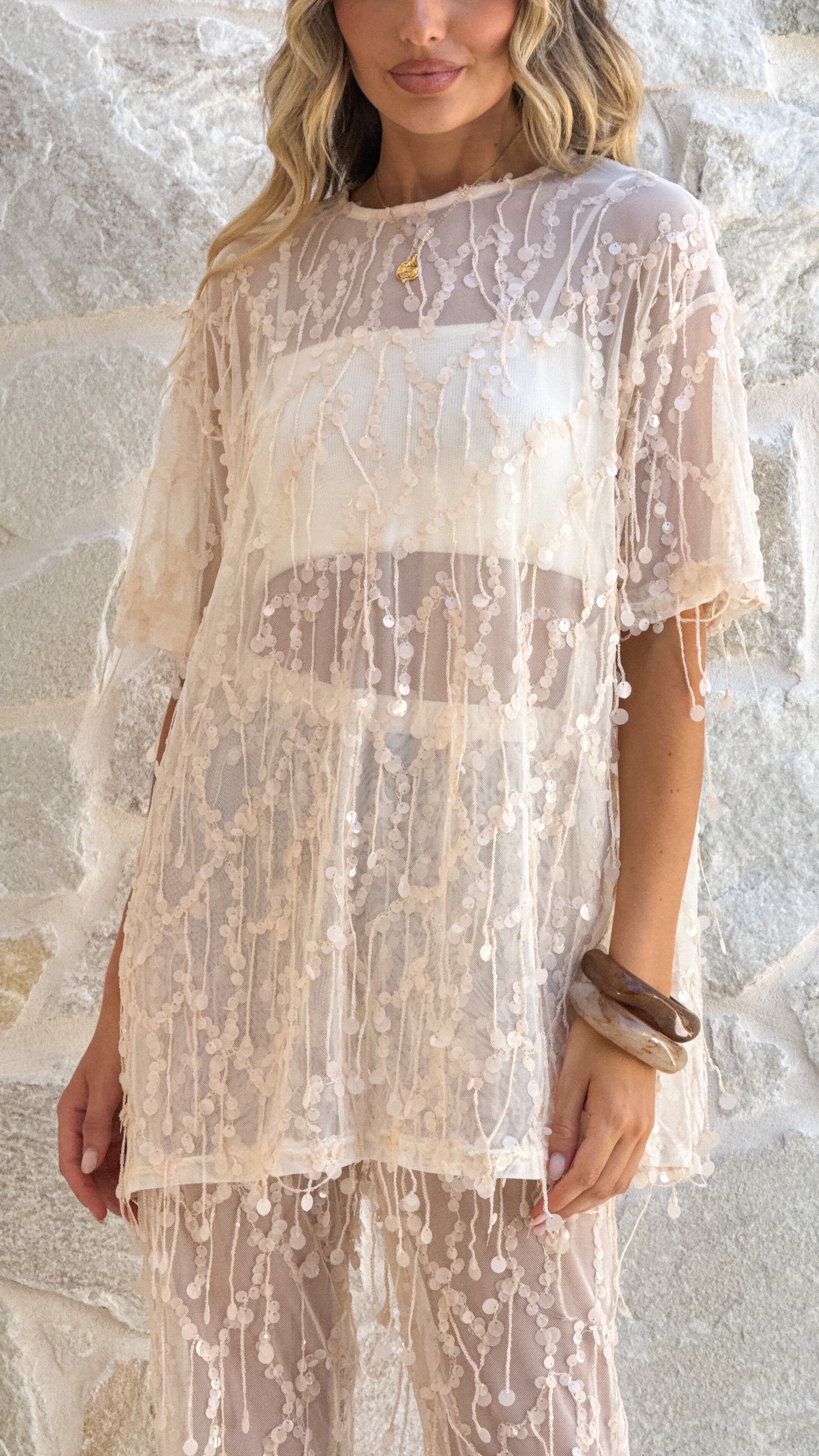 Zabby Sequin Oversized T-Shirt - Beige - Billy J