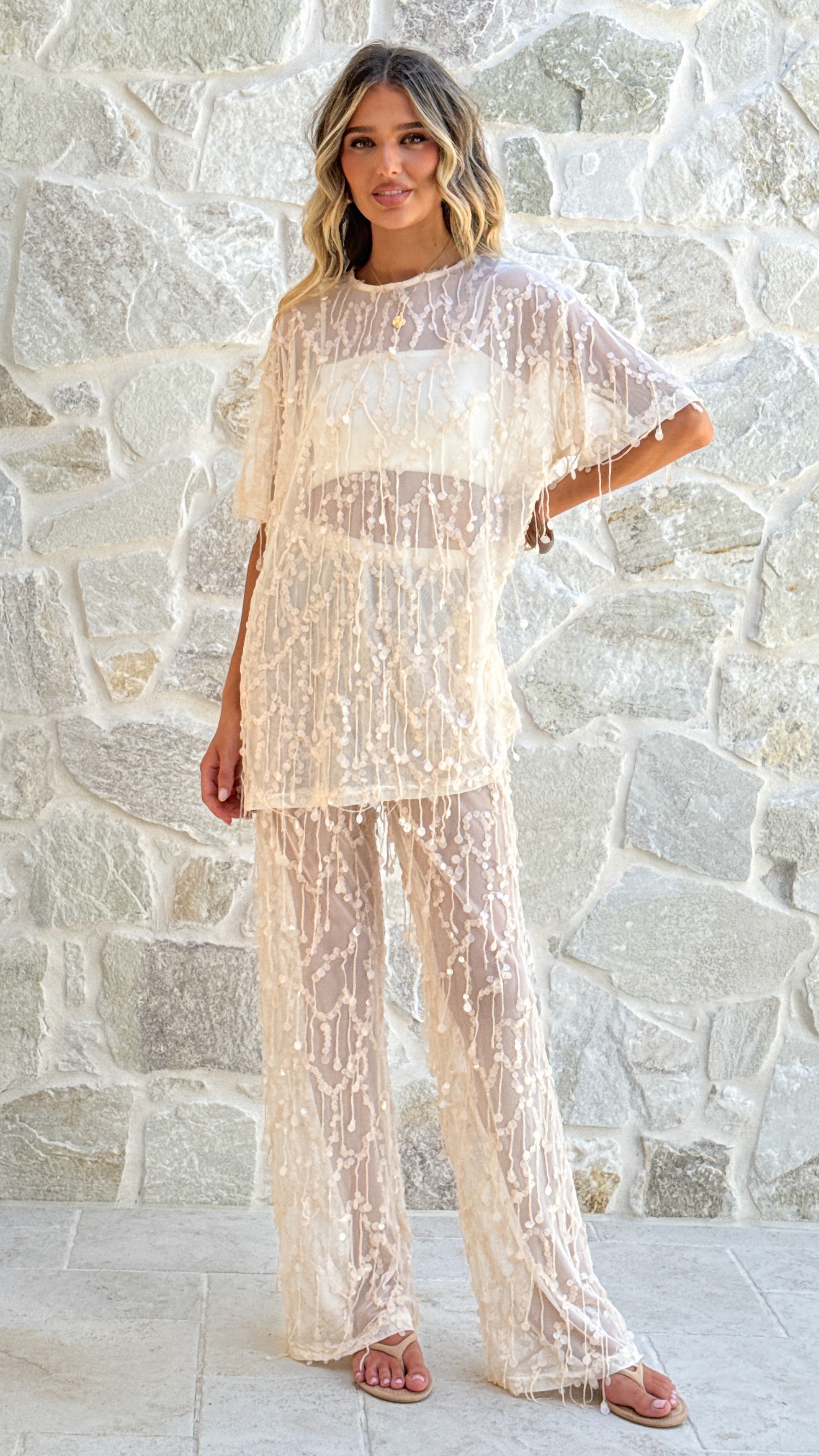 Zabby Sequin Pants - Beige - Billy J
