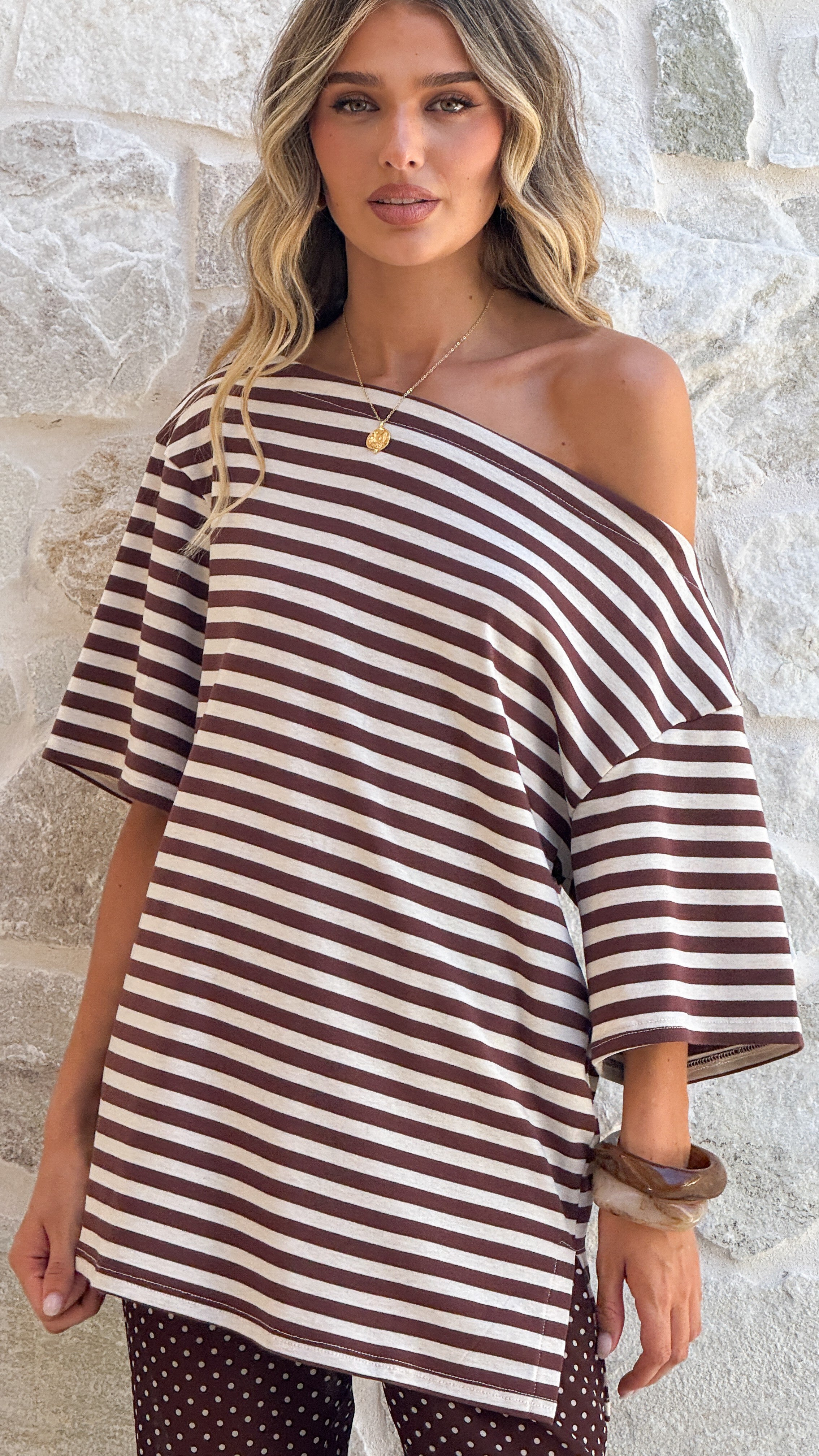 Pia One Shoulder Oversize Tee - Choc/White Stripe - Billy J