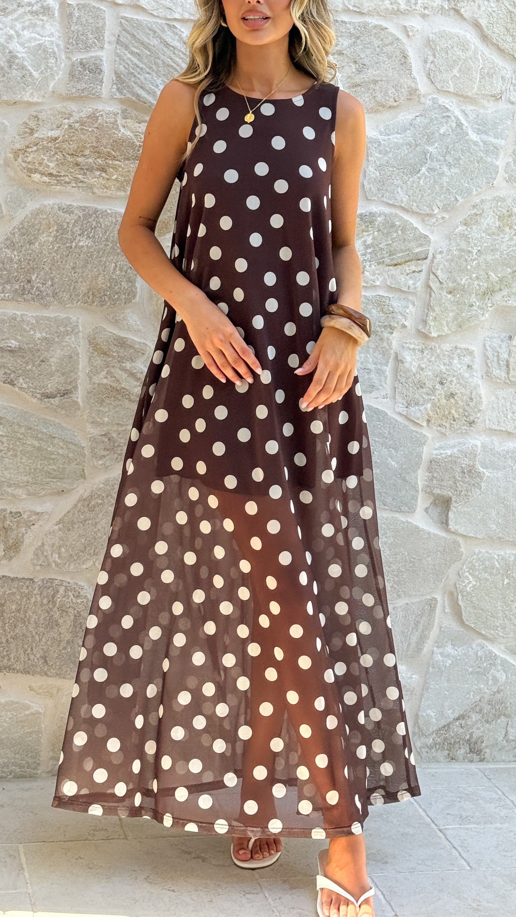 Amryn Maxi Dress - Choc/White Polka Dot - Billy J