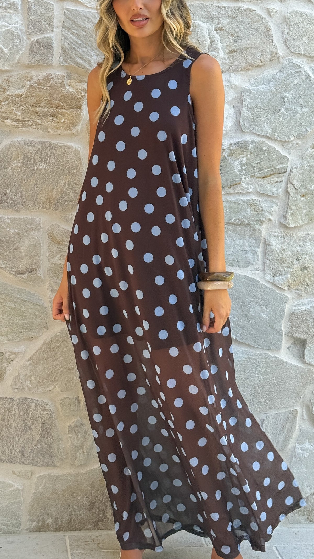 Amryn Maxi Dress - Choc/Blue Polka Dot - Billy J