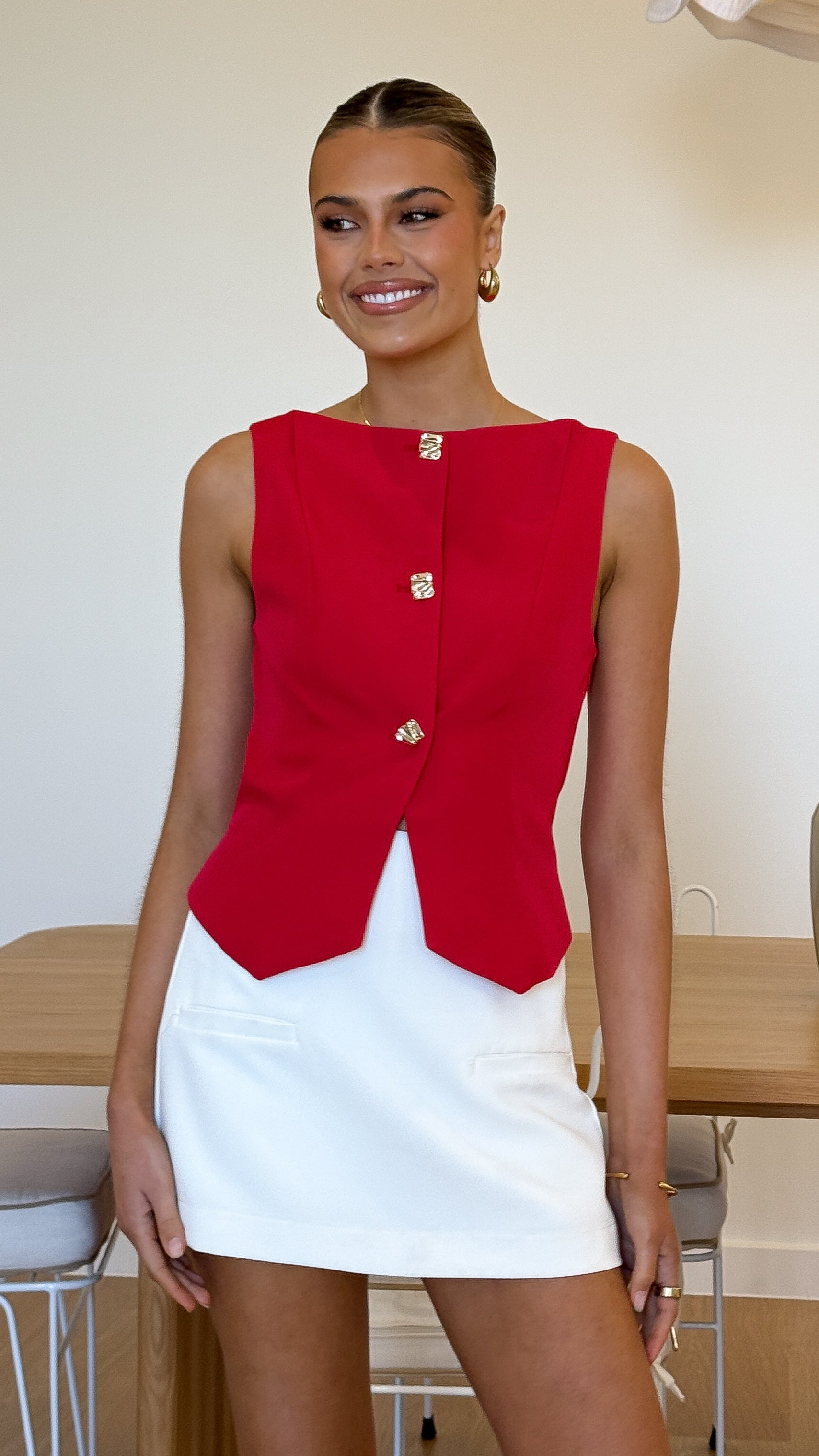 Alexis Button Up Vest - Red - Billy J
