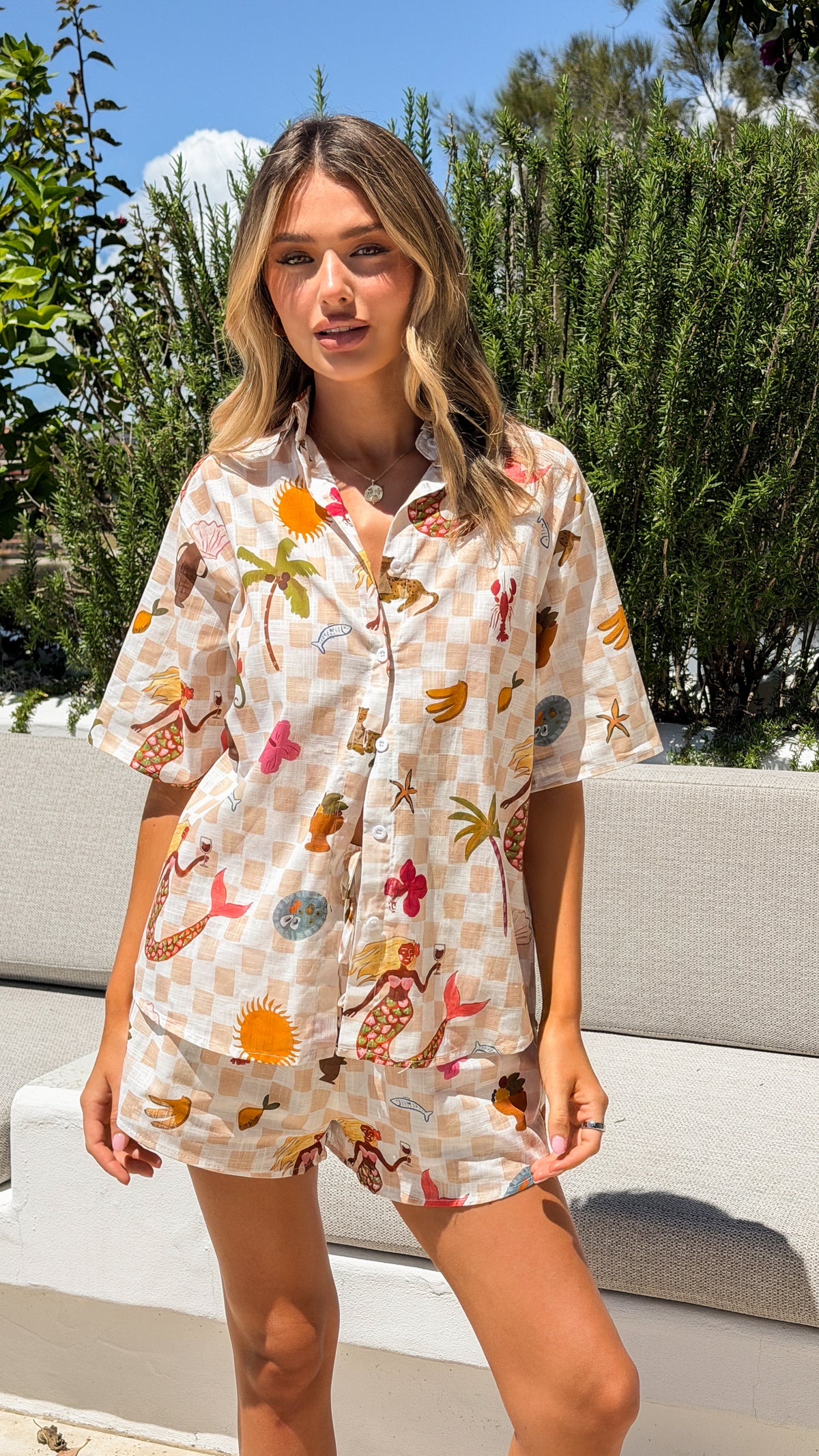 Ravenna Button Up Shirt and Shorts Set - White/Beige Checkered Print - Billy J