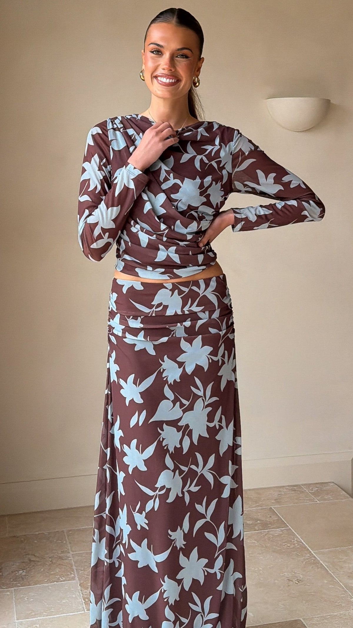 Adira Long Sleeve Top - Chocolate/Blue Print - Billy J