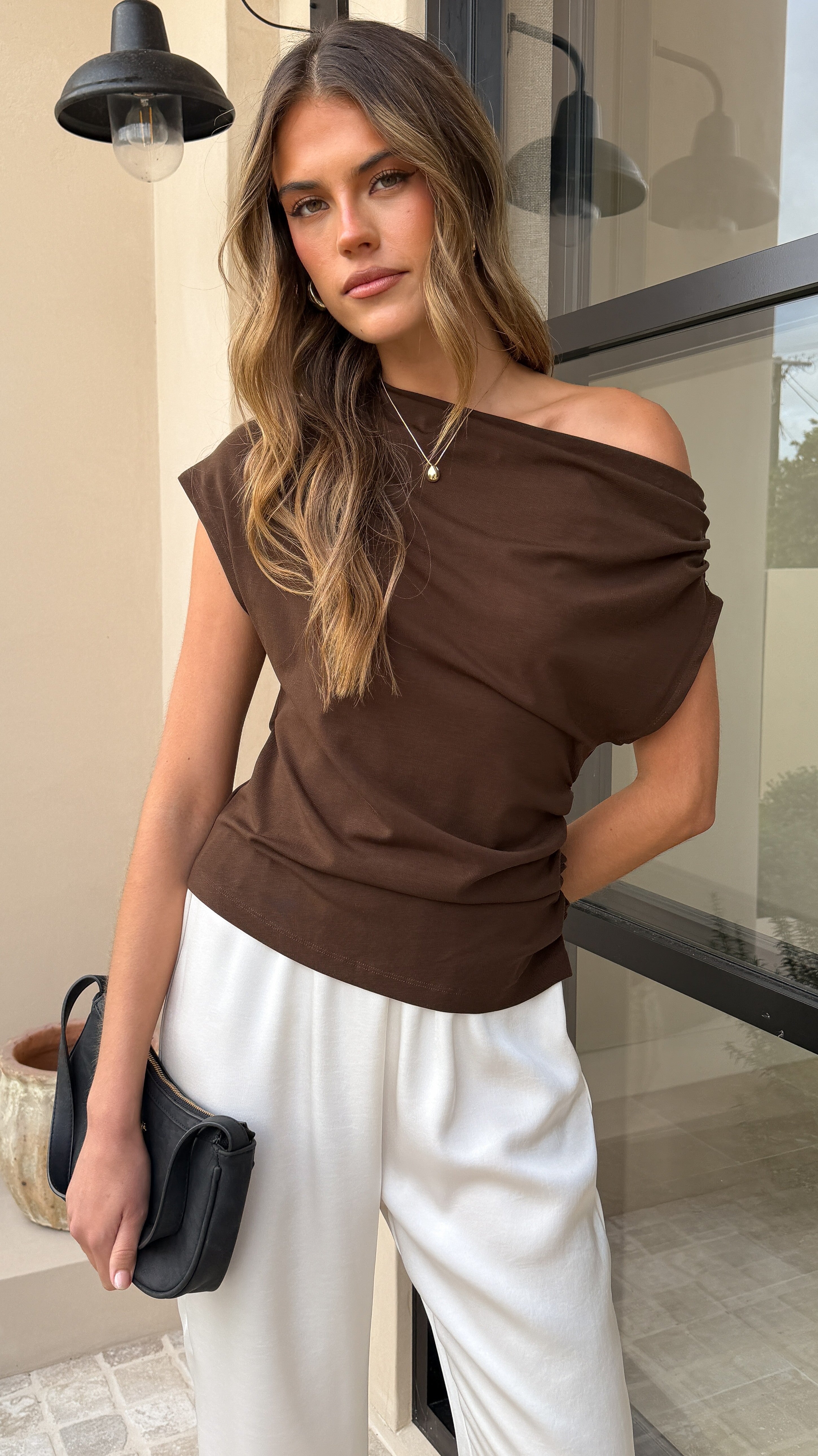 Ruby Off The Shoulder Tee - Chocolate - Billy J