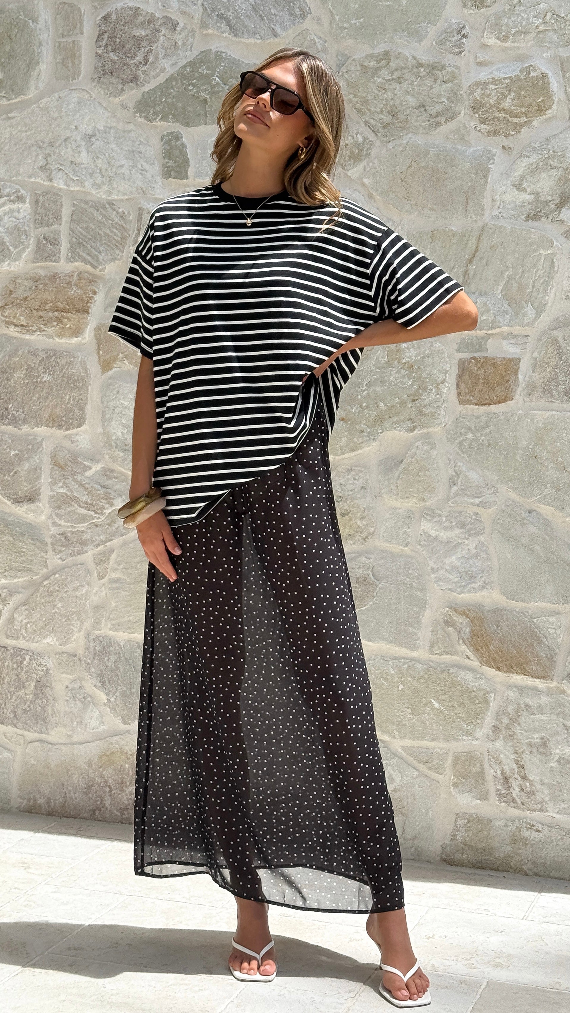 Elisha T-Shirt and Sheer Maxi Skirt Set - White/Black Stripe and Polka Dot - Billy J