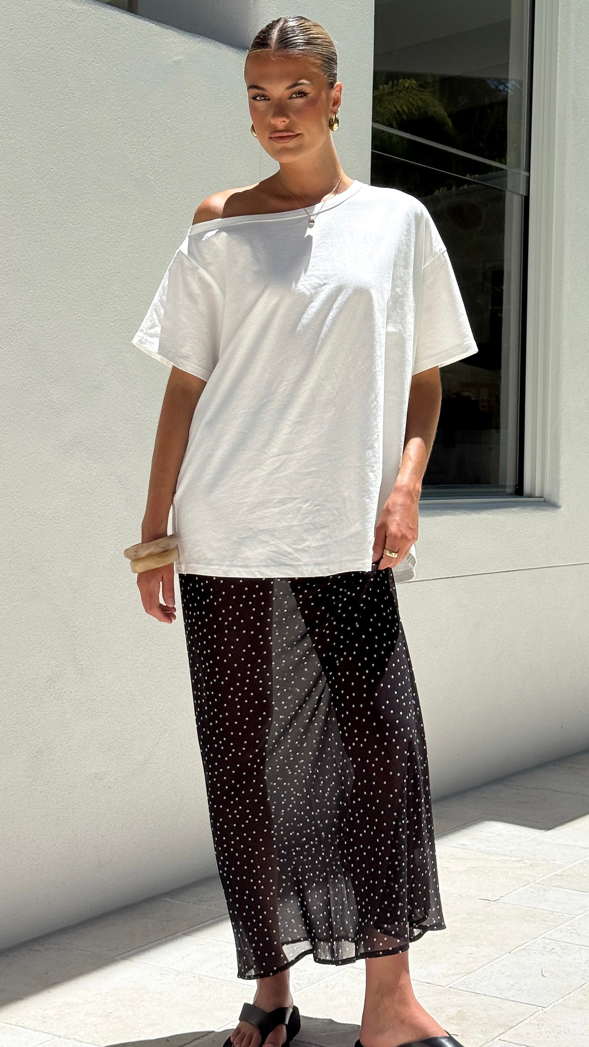 Elena Top and Maxi Skirt Set - White/Black Polka - Billy J