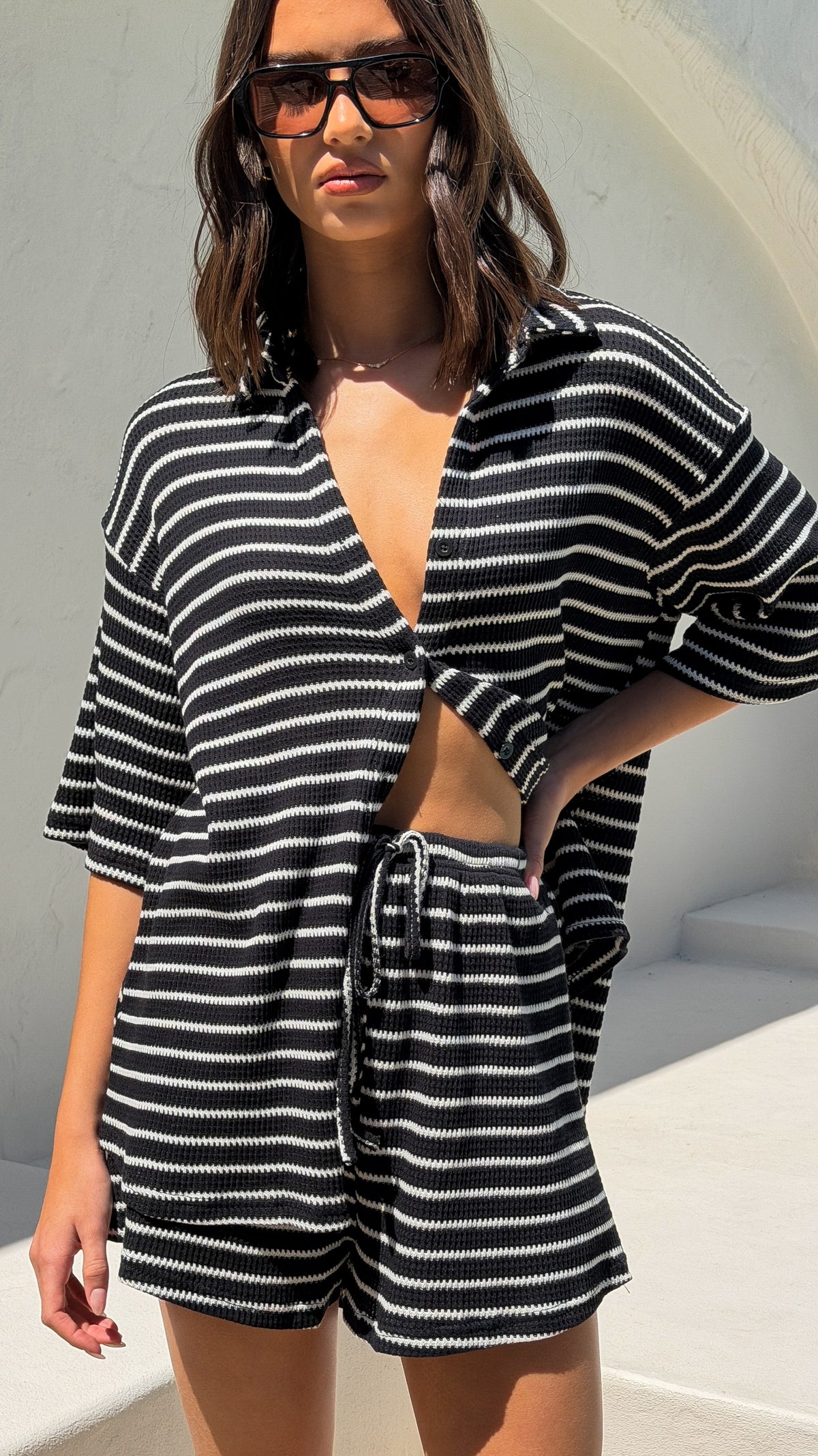 Lacole Button Up Shirt and Shorts Set - Black / White Stripe - Billy J