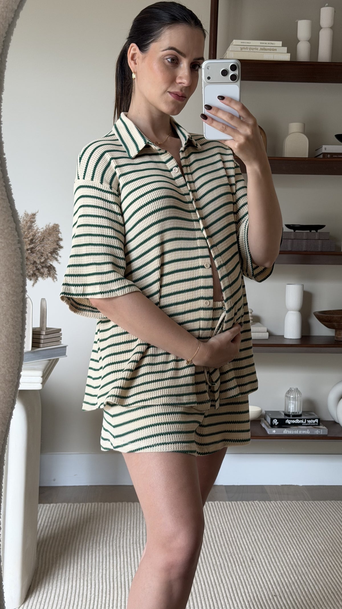 Lacole Button Up Shirt and Shorts Set - Beige / Green Stripe - Billy J