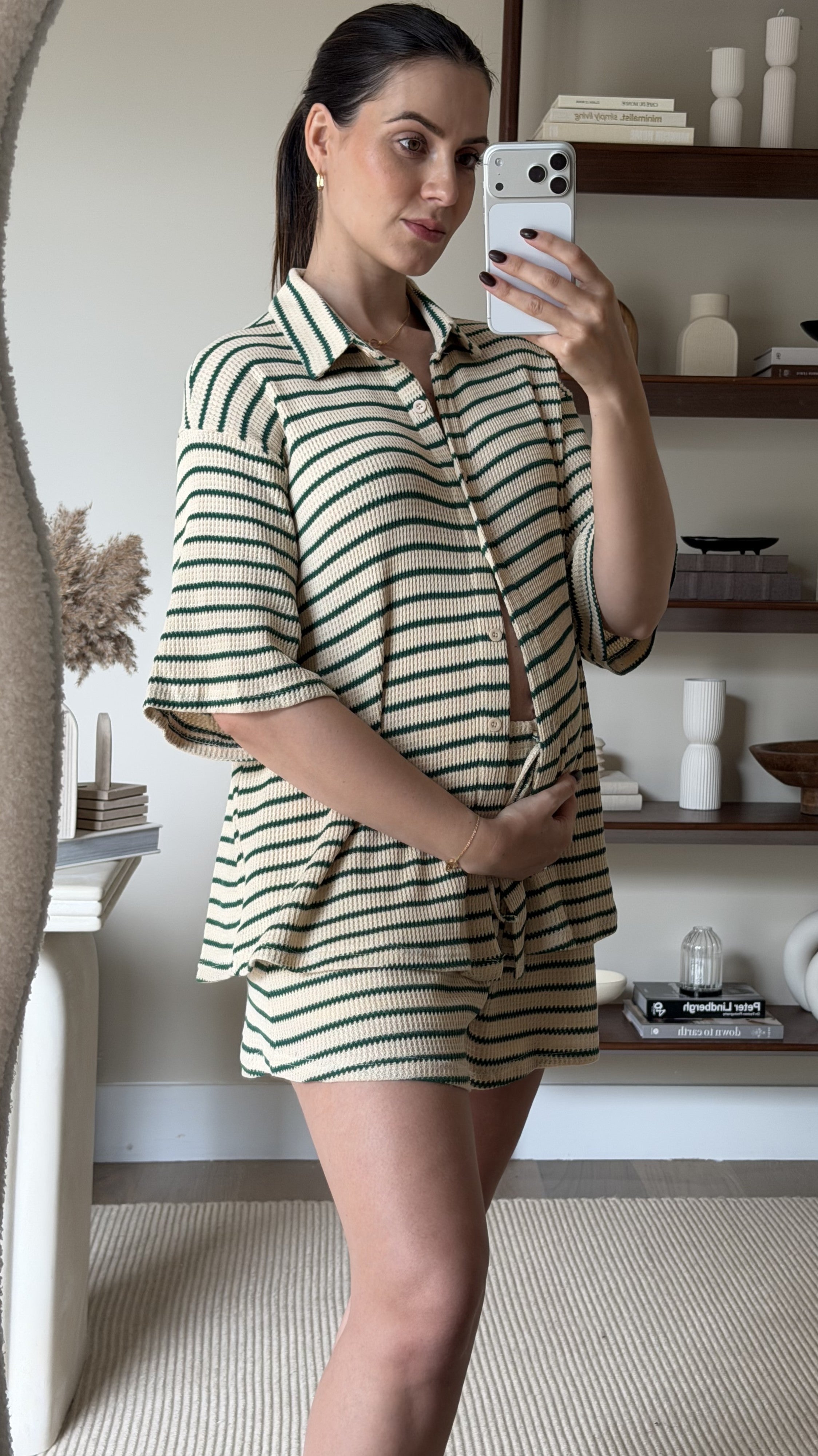 Lacole Button Up Shirt and Shorts Set - Beige / Green Stripe - Billy J